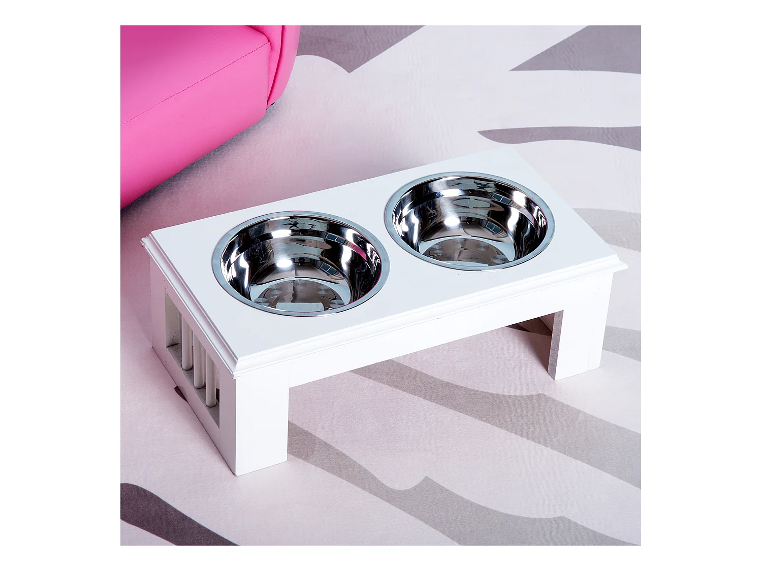 Gamelle double chien chat Porte-gamelles surélevé dim. 44L x 24l x 15H cm 2 gamelles acier inox. incluses MDF blanc