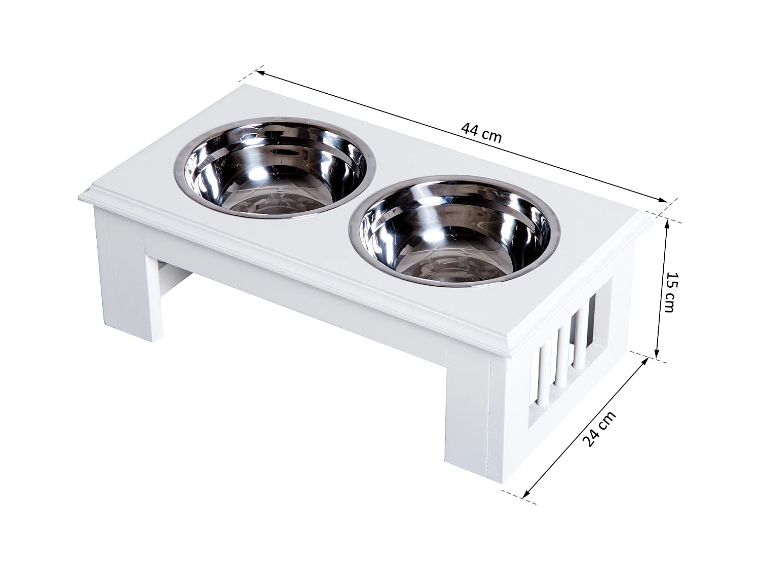 Gamelle double chien chat Porte-gamelles surélevé dim. 44L x 24l x 15H cm 2 gamelles acier inox. incluses MDF blanc