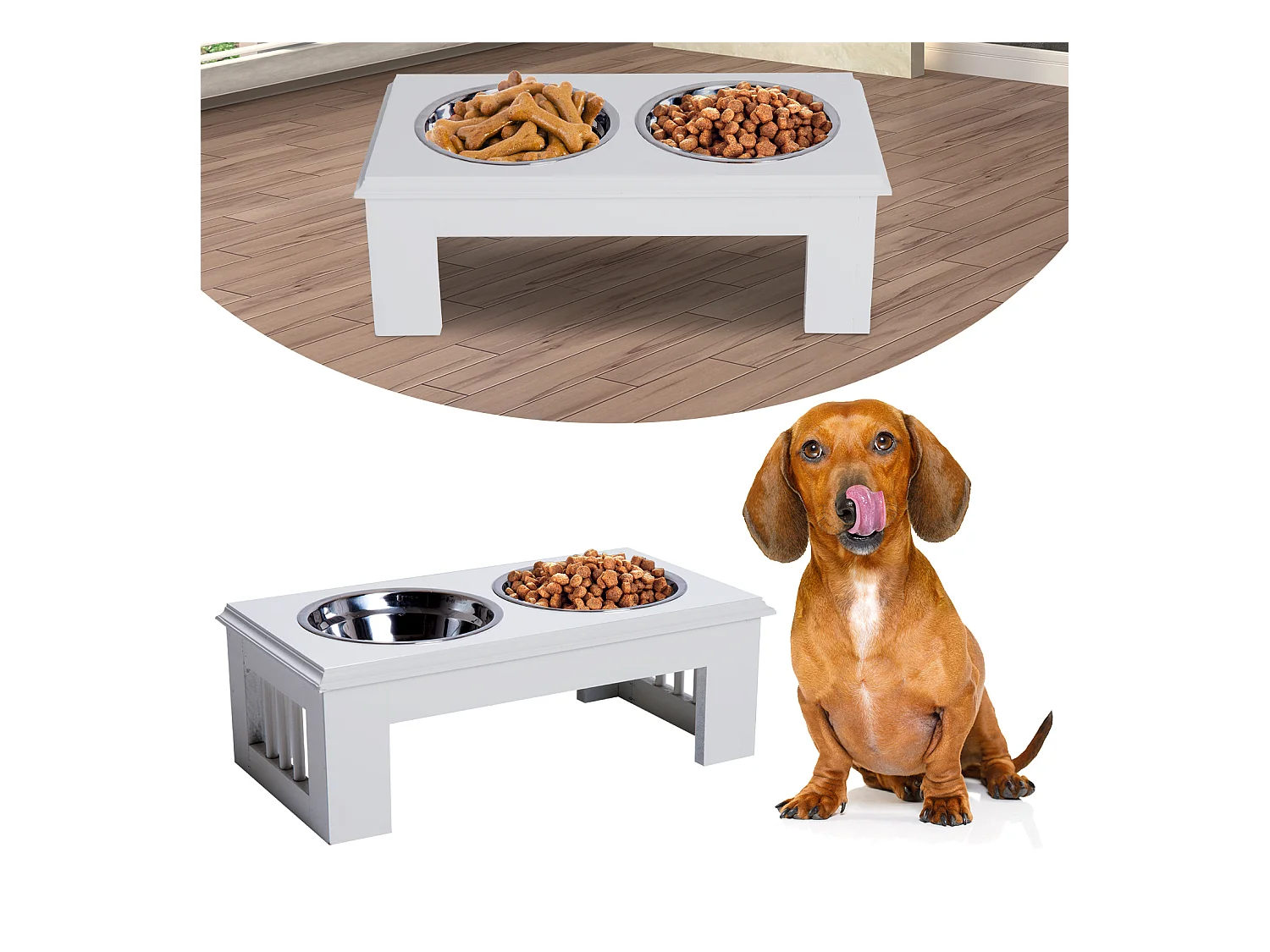 Gamelle double chien chat Porte-gamelles surélevé dim. 44L x 24l x 15H cm 2 gamelles acier inox. incluses MDF blanc