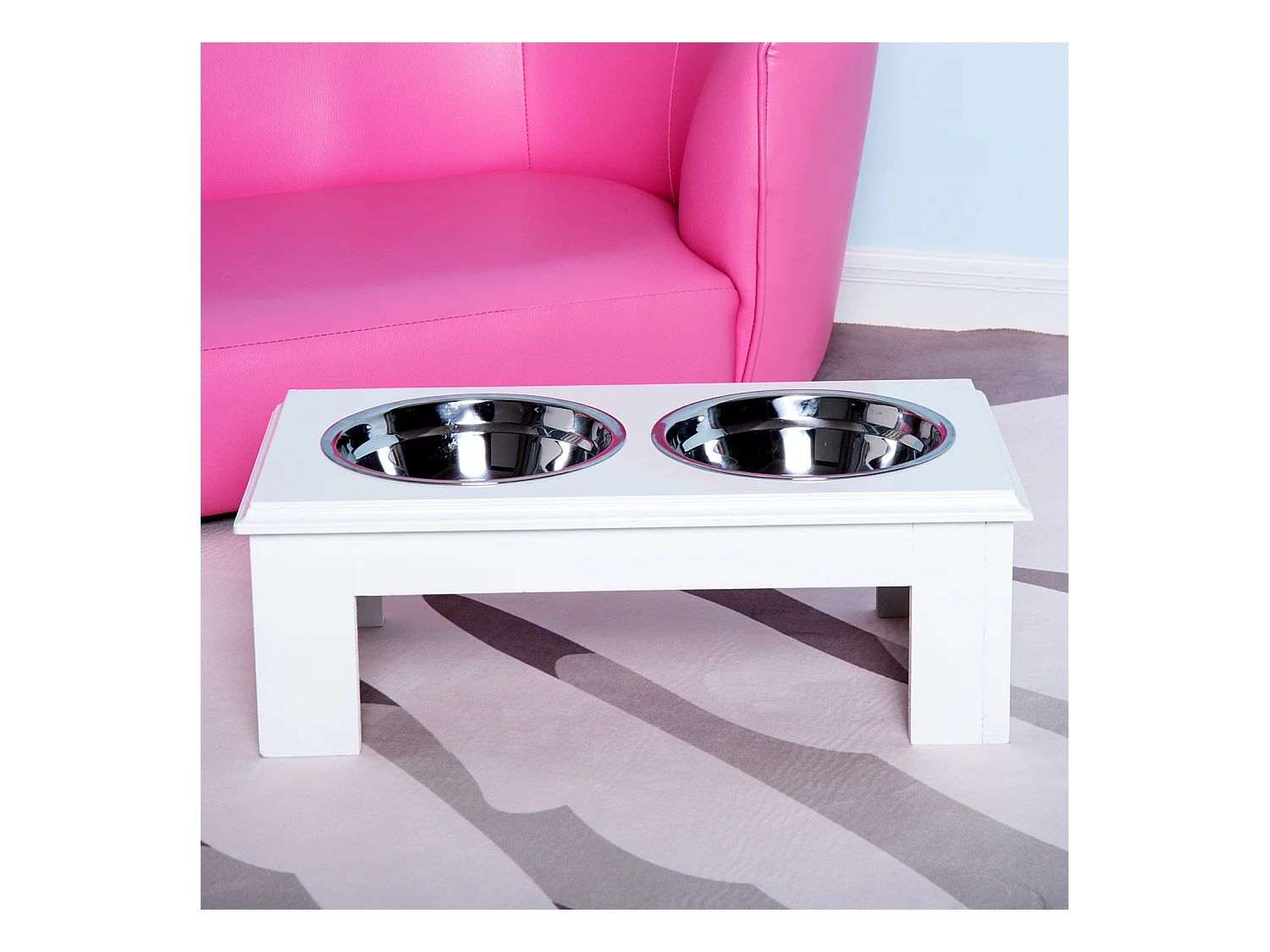 Gamelle double chien chat Porte-gamelles surélevé dim. 44L x 24l x 15H cm 2 gamelles acier inox. incluses MDF blanc