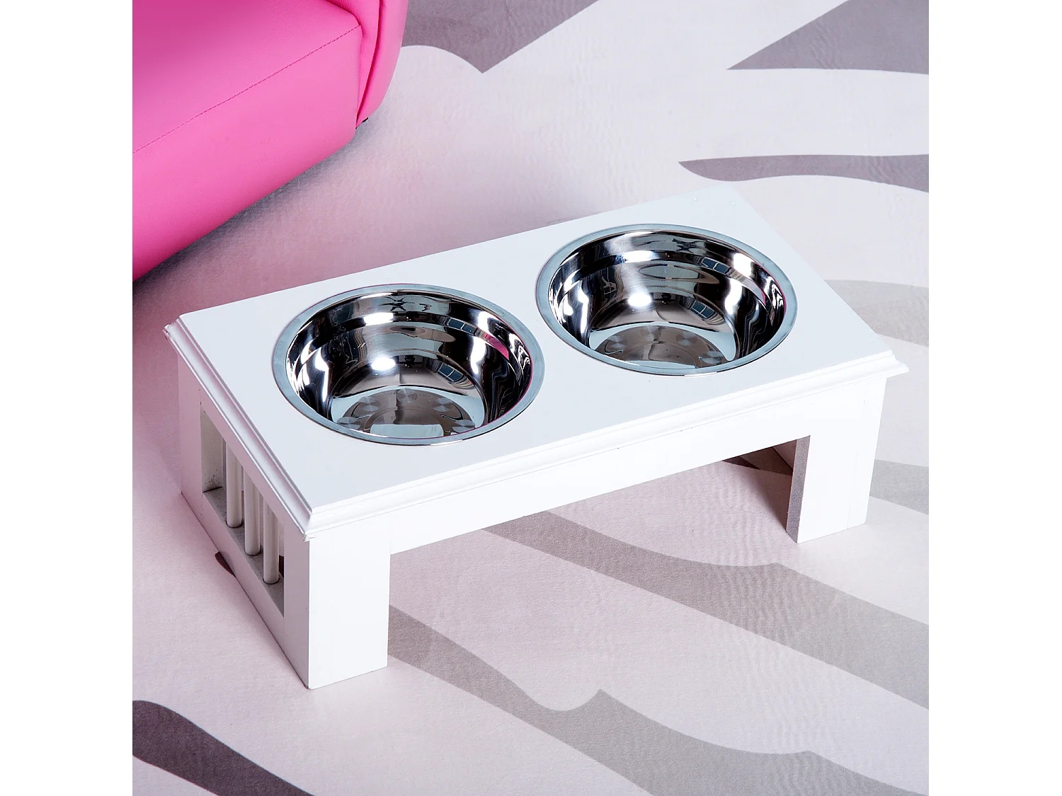 Gamelle double chien chat Porte-gamelles surélevé dim. 44L x 24l x 15H cm 2 gamelles acier inox. incluses MDF blanc