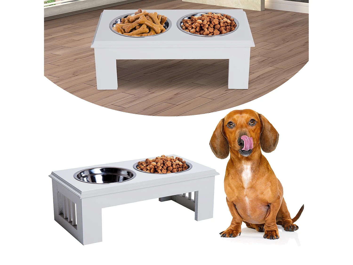Gamelle double chien chat Porte-gamelles surélevé dim. 44L x 24l x 15H cm 2 gamelles acier inox. incluses MDF blanc