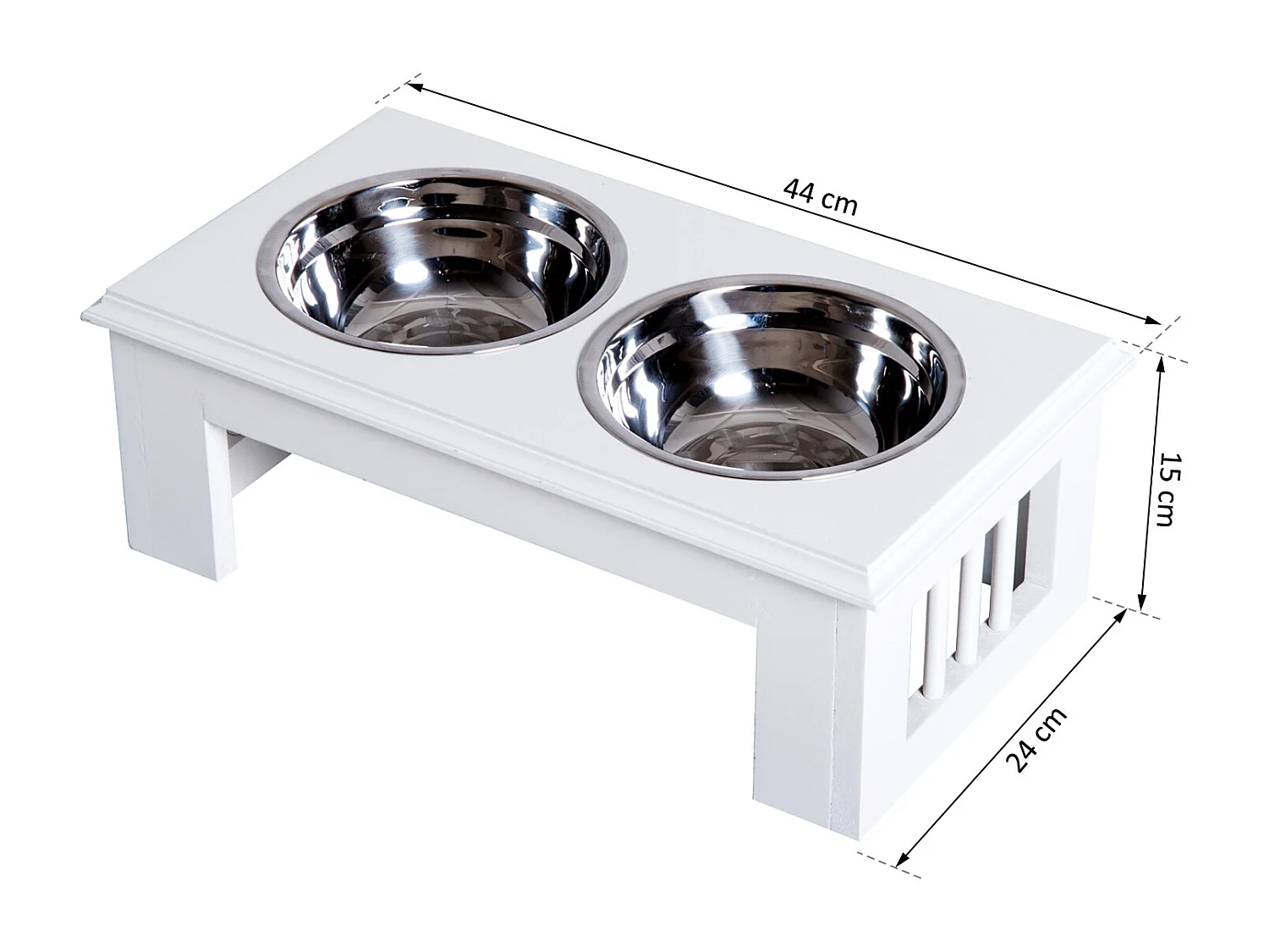 Gamelle double chien chat Porte-gamelles surélevé dim. 44L x 24l x 15H cm 2 gamelles acier inox. incluses MDF blanc