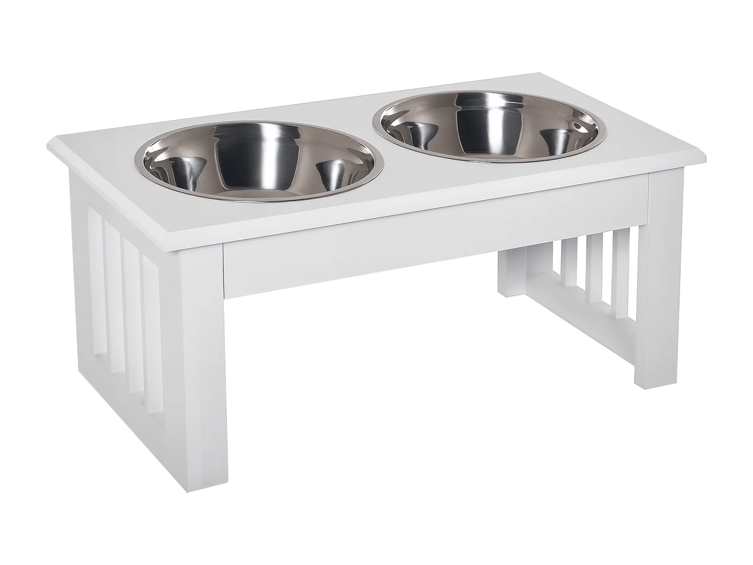 Gamelle double chien chat Porte-gamelles surélevé dim. 44L x 24l x 15H cm 2 gamelles acier inox. incluses MDF blanc