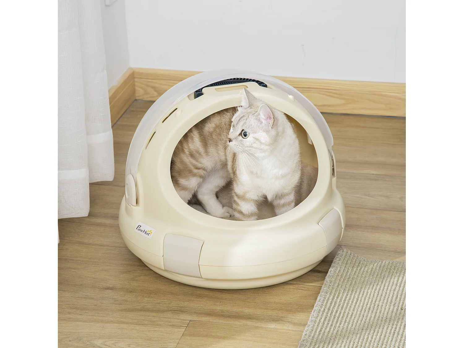 Maison chat - niche chat portable avec poignée - sac de transport chat verrouillable - coussin amovible inclus - dim. Ø 41 x 35,2H cm - PP beige