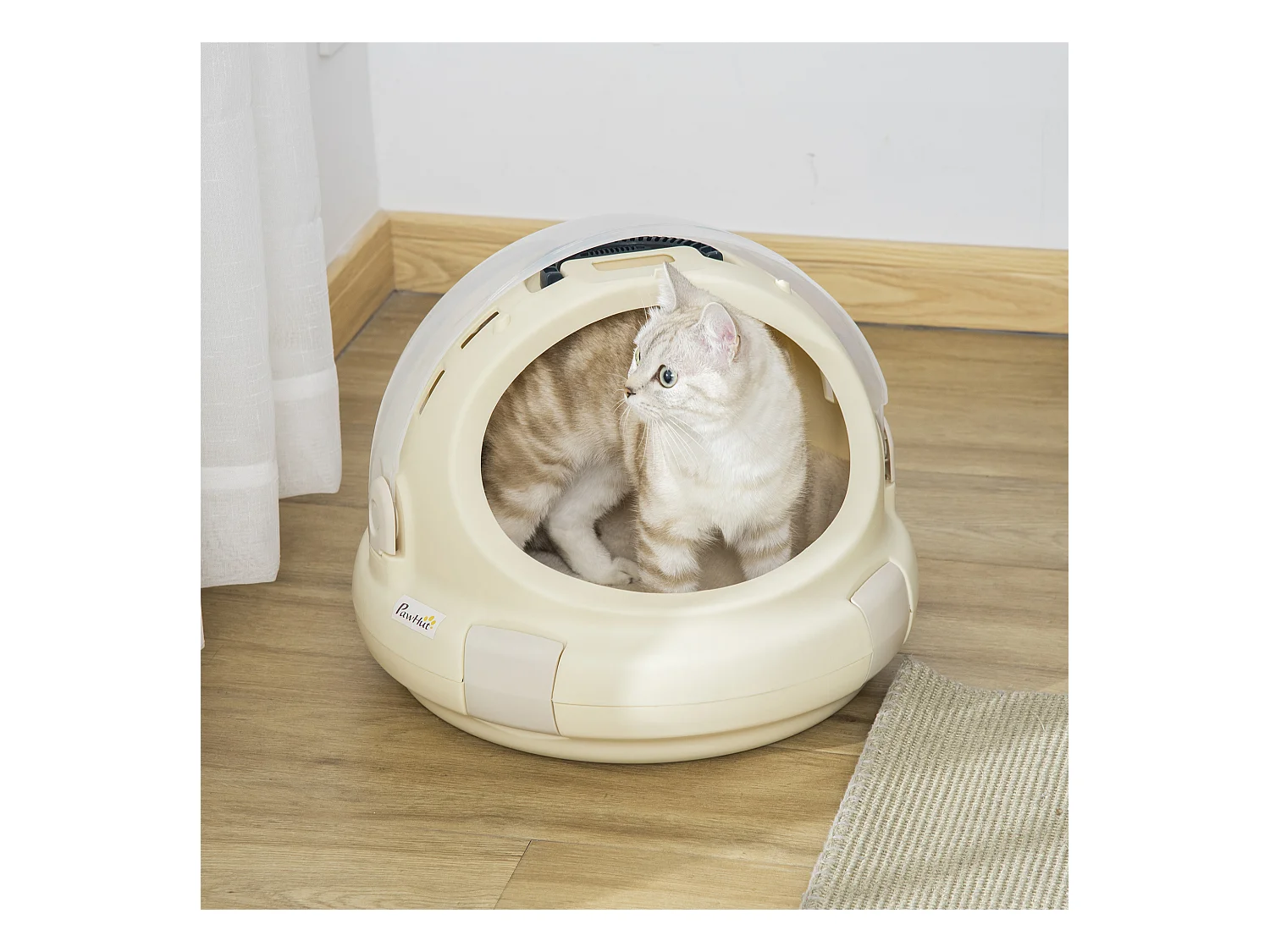 Maison chat - niche chat portable avec poignée - sac de transport chat verrouillable - coussin amovible inclus - dim. Ø 41 x 35,2H cm - PP beige