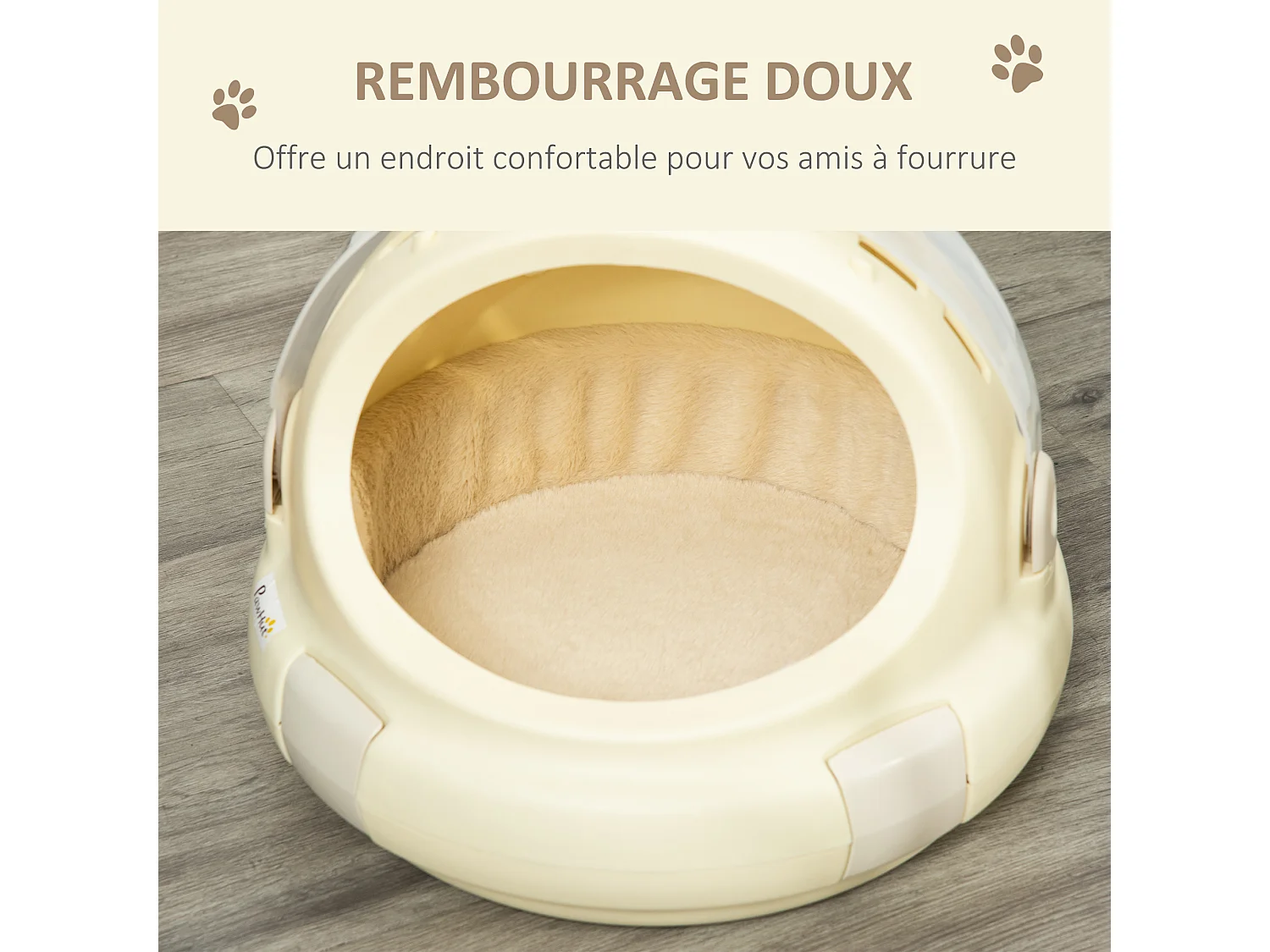 Maison chat - niche chat portable avec poignée - sac de transport chat verrouillable - coussin amovible inclus - dim. Ø 41 x 35,2H cm - PP beige