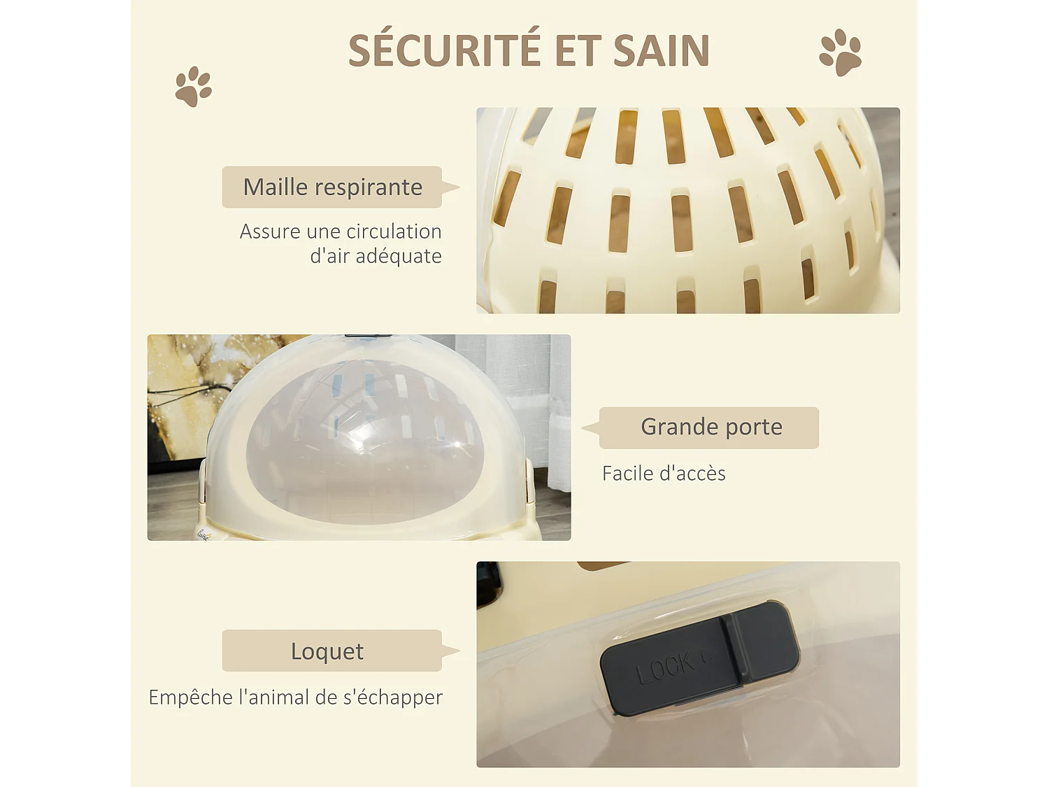 Maison chat - niche chat portable avec poignée - sac de transport chat verrouillable - coussin amovible inclus - dim. Ø 41 x 35,2H cm - PP beige