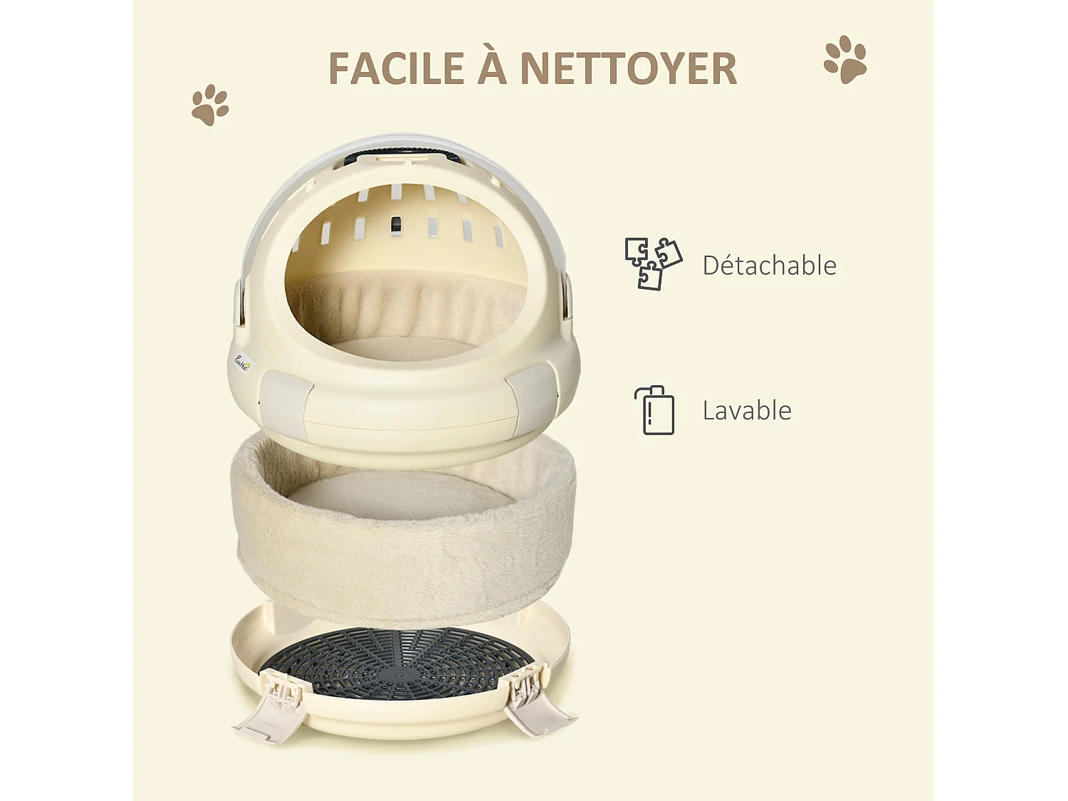 Maison chat - niche chat portable avec poignée - sac de transport chat verrouillable - coussin amovible inclus - dim. Ø 41 x 35,2H cm - PP beige