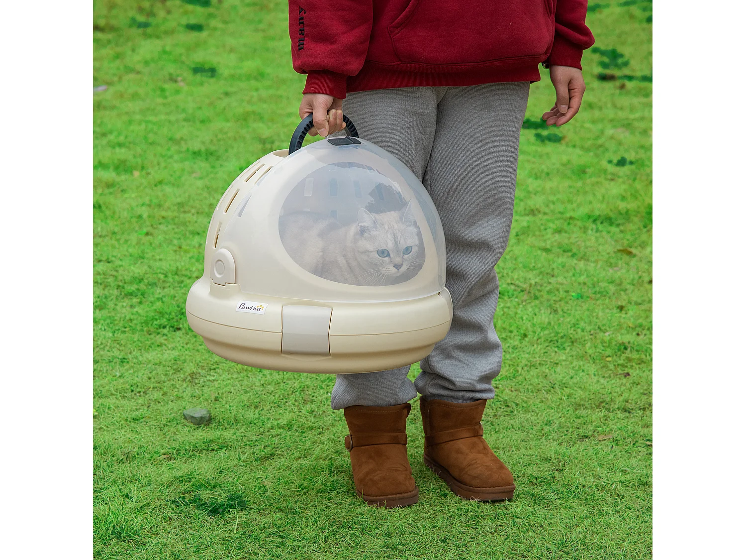 Maison chat - niche chat portable avec poignée - sac de transport chat verrouillable - coussin amovible inclus - dim. Ø 41 x 35,2H cm - PP beige