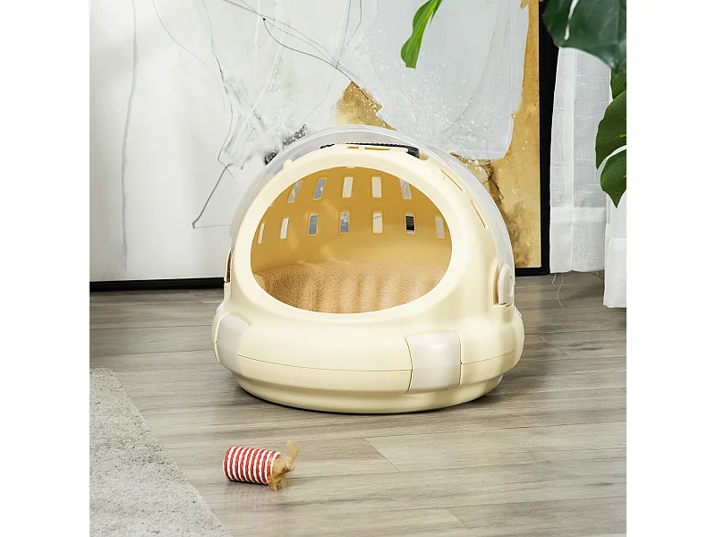 Maison chat - niche chat portable avec poignée - sac de transport chat verrouillable - coussin amovible inclus - dim. Ø 41 x 35,2H cm - PP beige