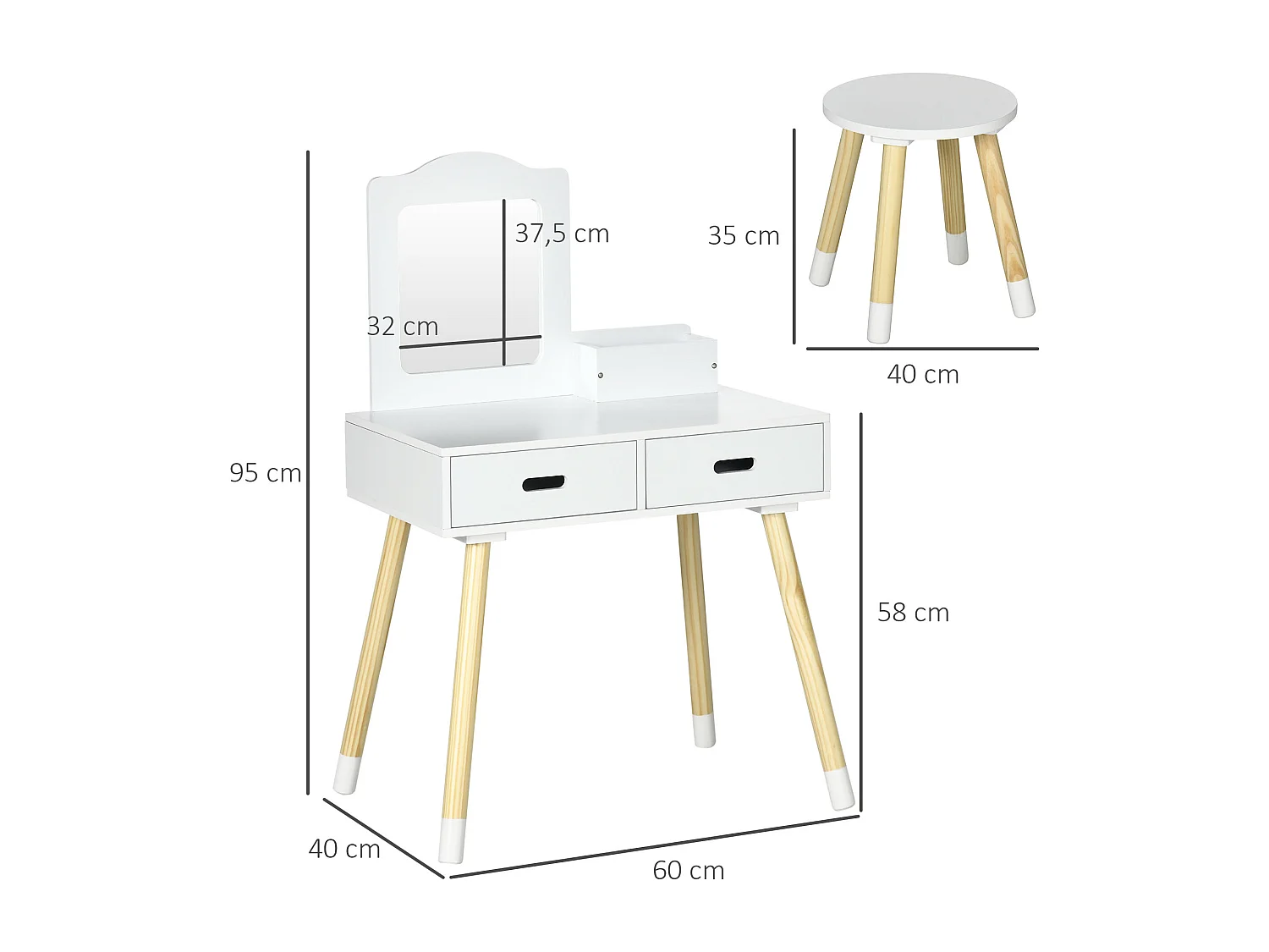 Coiffeuse enfant design scandinave - tabouret inclus - 2 tiroirs, niche, miroir - bois pin MDF blanc