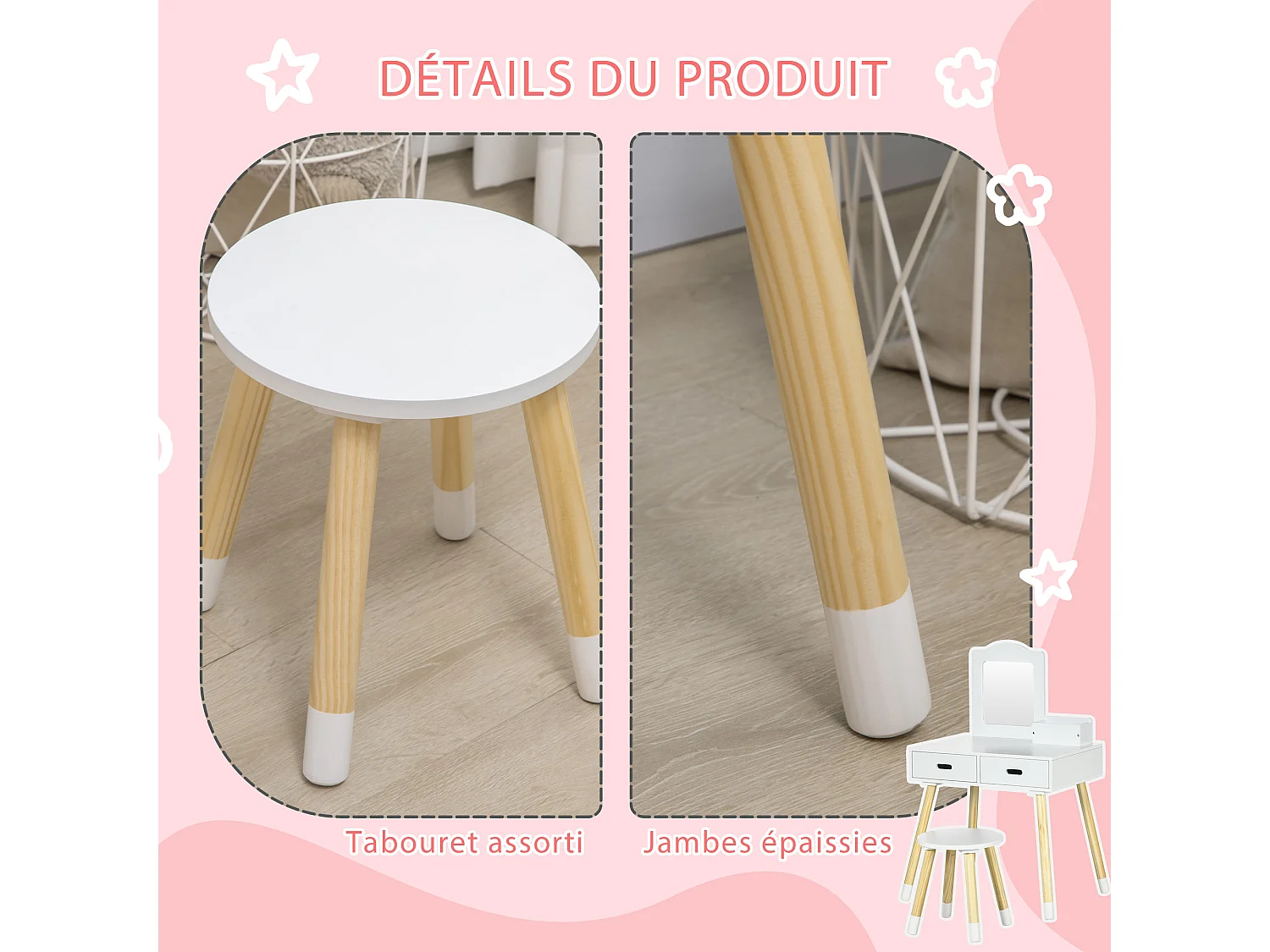 Coiffeuse enfant design scandinave - tabouret inclus - 2 tiroirs, niche, miroir - bois pin MDF blanc