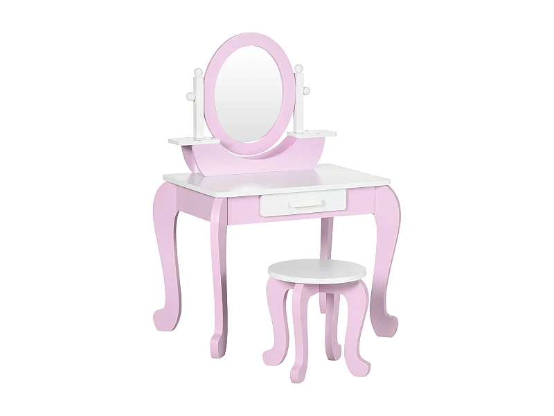 Coiffeuse enfant design girly - tabouret inclus - tiroir, 2 étagères, niche, miroir - MDF - blanc rose