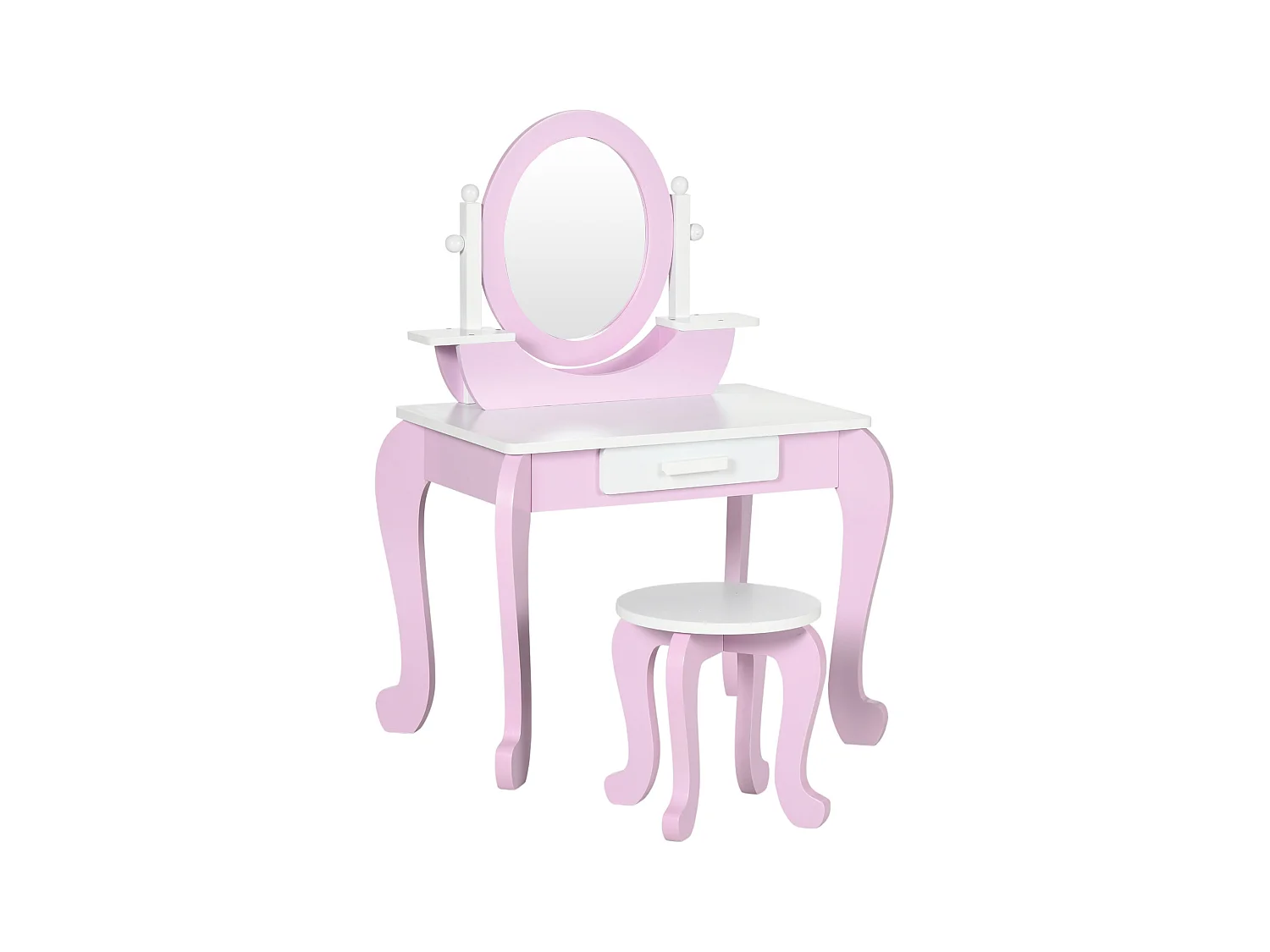 Coiffeuse enfant design girly - tabouret inclus - tiroir, 2 étagères, niche, miroir - MDF - blanc rose