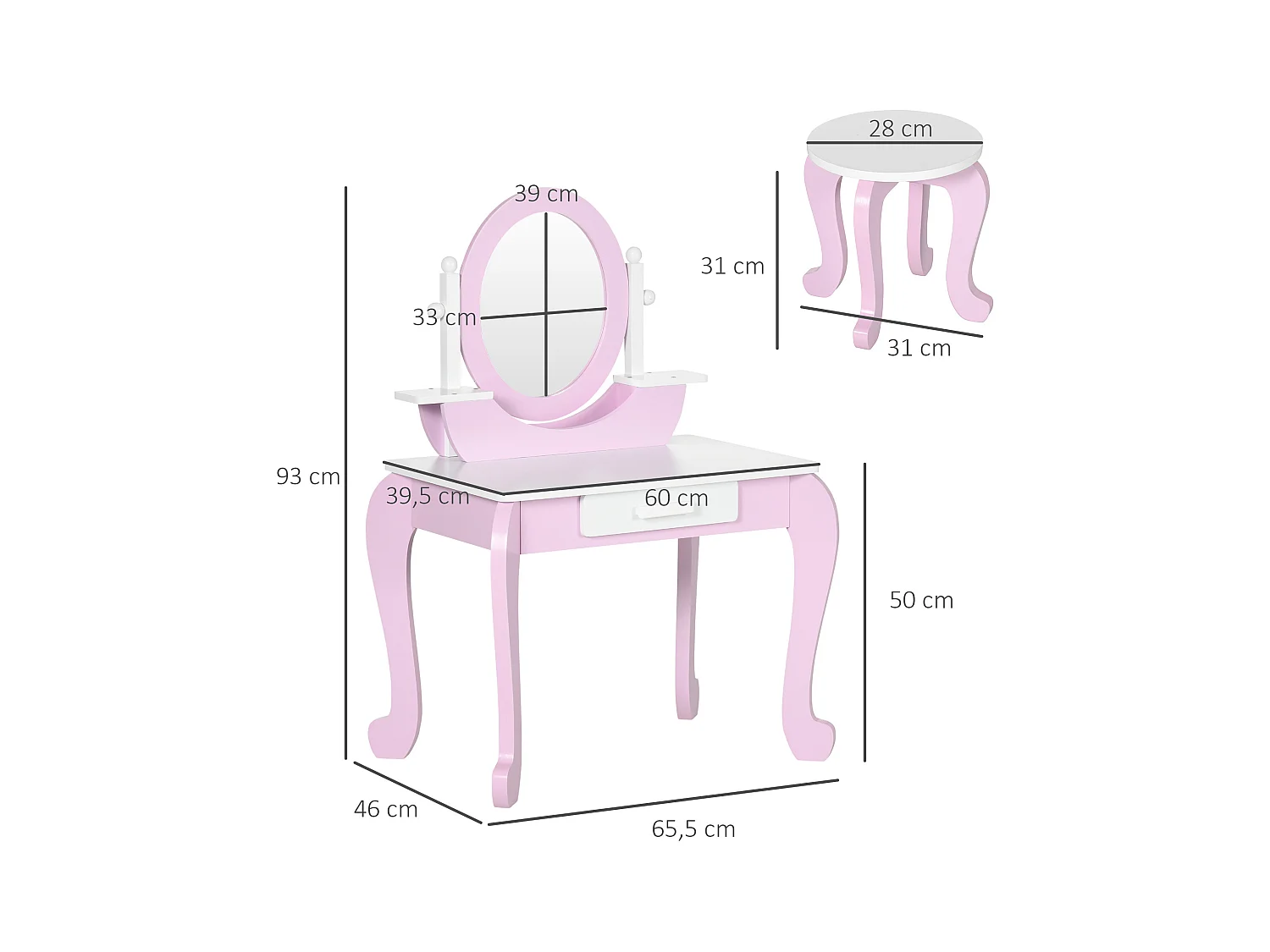 Coiffeuse enfant design girly - tabouret inclus - tiroir, 2 étagères, niche, miroir - MDF - blanc rose