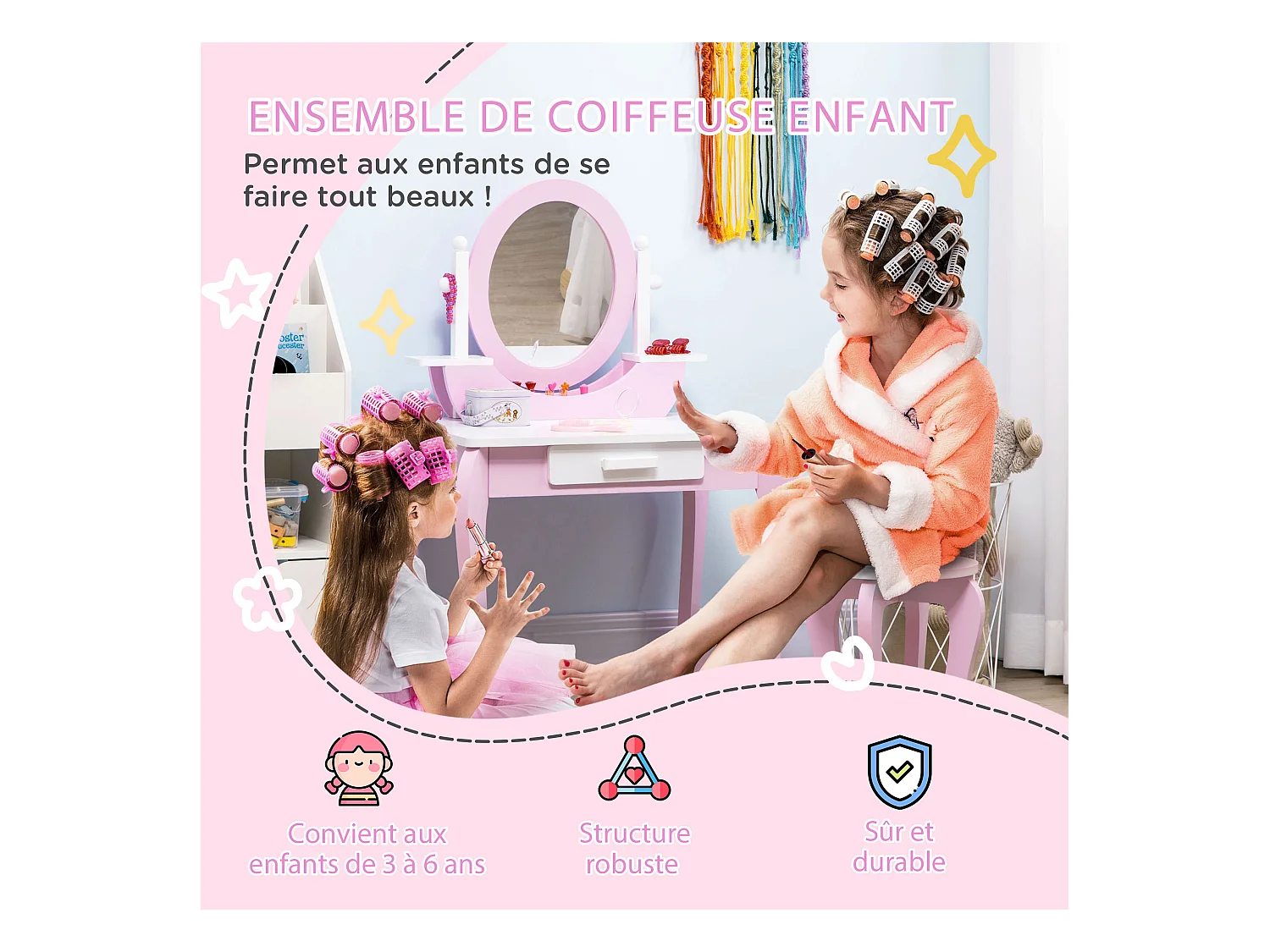 Coiffeuse enfant design girly - tabouret inclus - tiroir, 2 étagères, niche, miroir - MDF - blanc rose