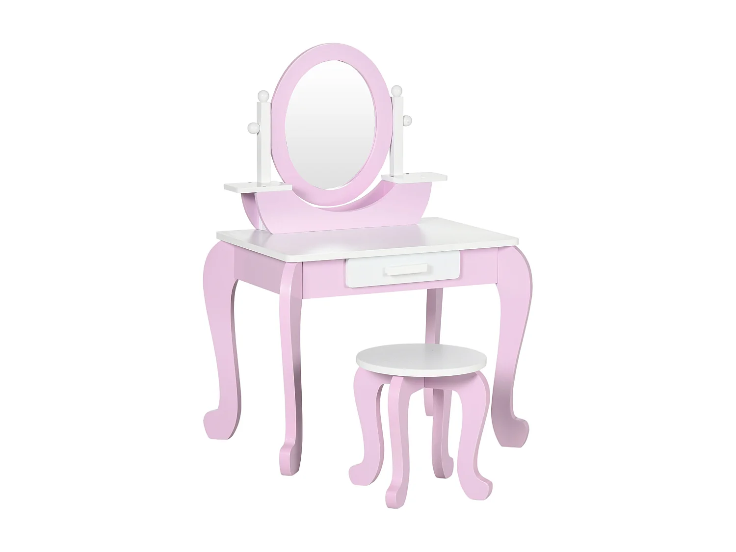 Coiffeuse enfant design girly - tabouret inclus - tiroir, 2 étagères, niche, miroir - MDF - blanc rose