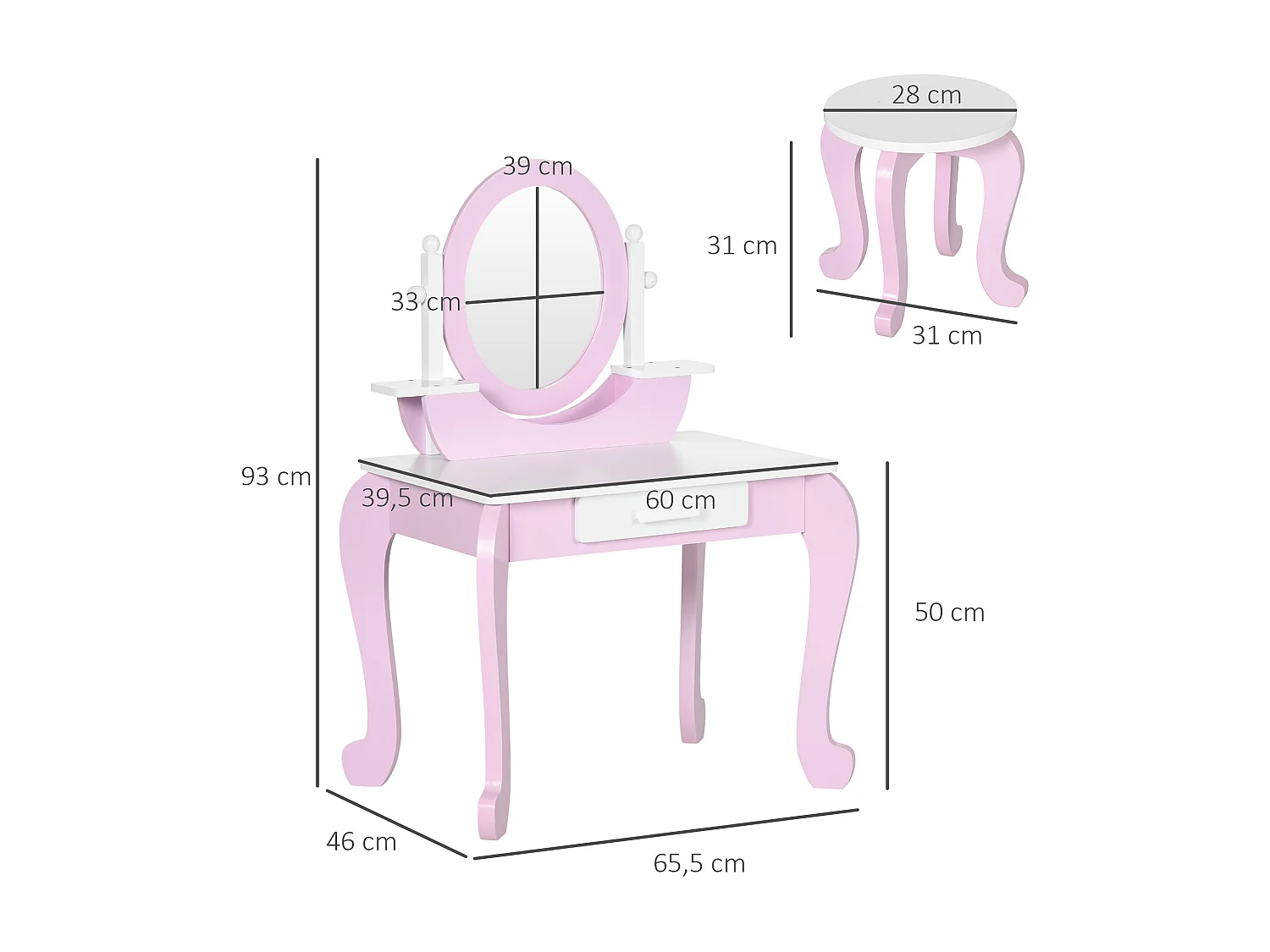 Coiffeuse enfant design girly - tabouret inclus - tiroir, 2 étagères, niche, miroir - MDF - blanc rose