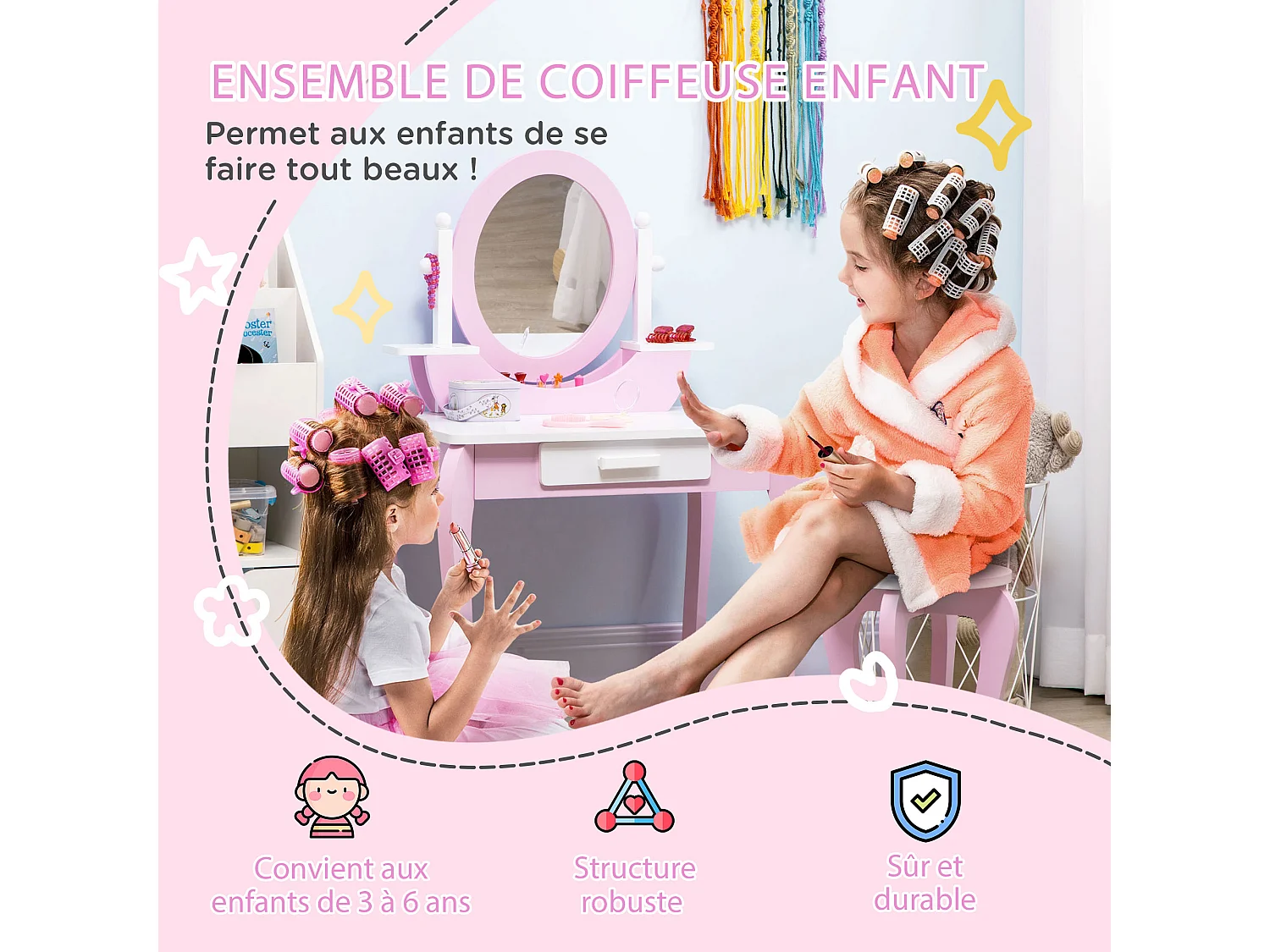 Coiffeuse enfant design girly - tabouret inclus - tiroir, 2 étagères, niche, miroir - MDF - blanc rose