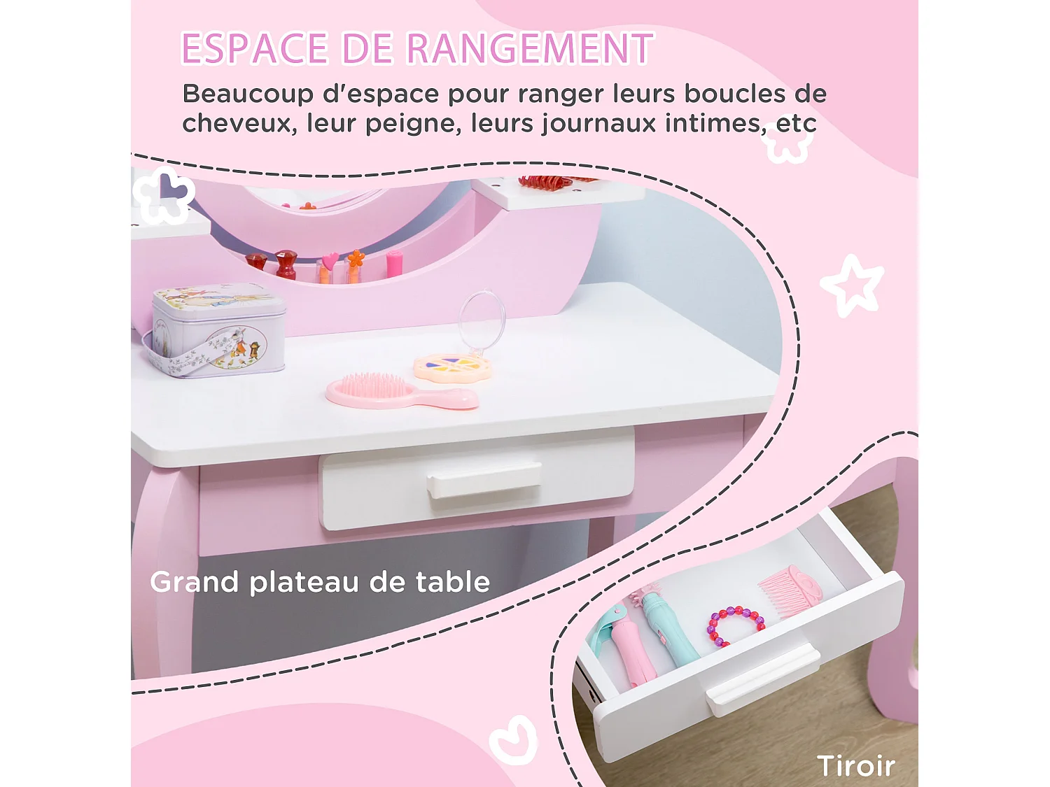 Coiffeuse enfant design girly - tabouret inclus - tiroir, 2 étagères, niche, miroir - MDF - blanc rose