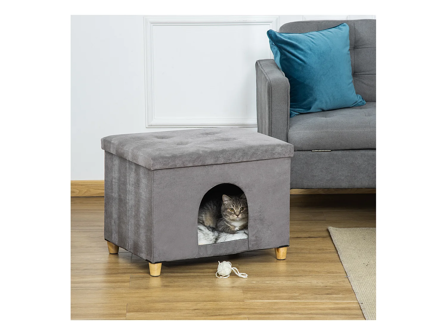 Niche chat maison de chat sur pied repose-pied 2 en 1 - coussin inclus - pliable - MDF peluche suédé gris