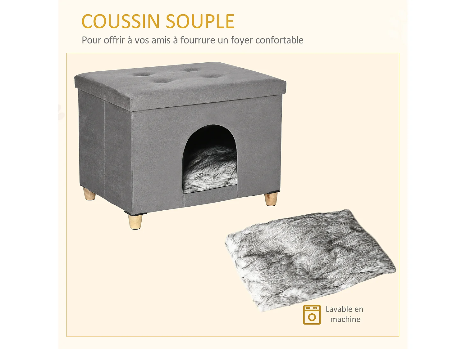 Niche chat maison de chat sur pied repose-pied 2 en 1 - coussin inclus - pliable - MDF peluche suédé gris
