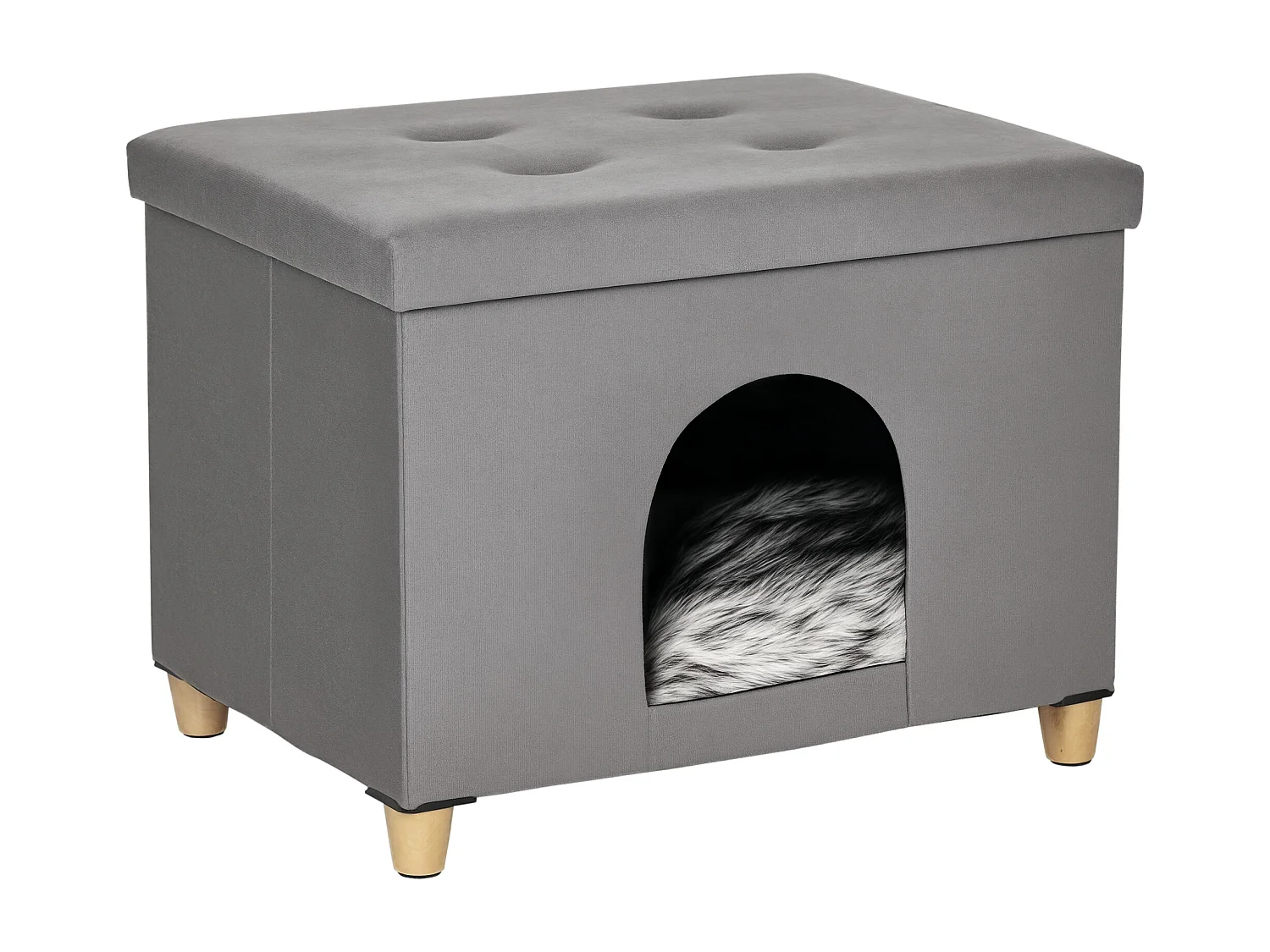 Niche chat maison de chat sur pied repose-pied 2 en 1 - coussin inclus - pliable - MDF peluche suédé gris