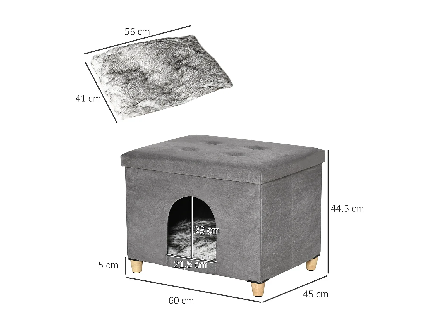 Niche chat maison de chat sur pied repose-pied 2 en 1 - coussin inclus - pliable - MDF peluche suédé gris