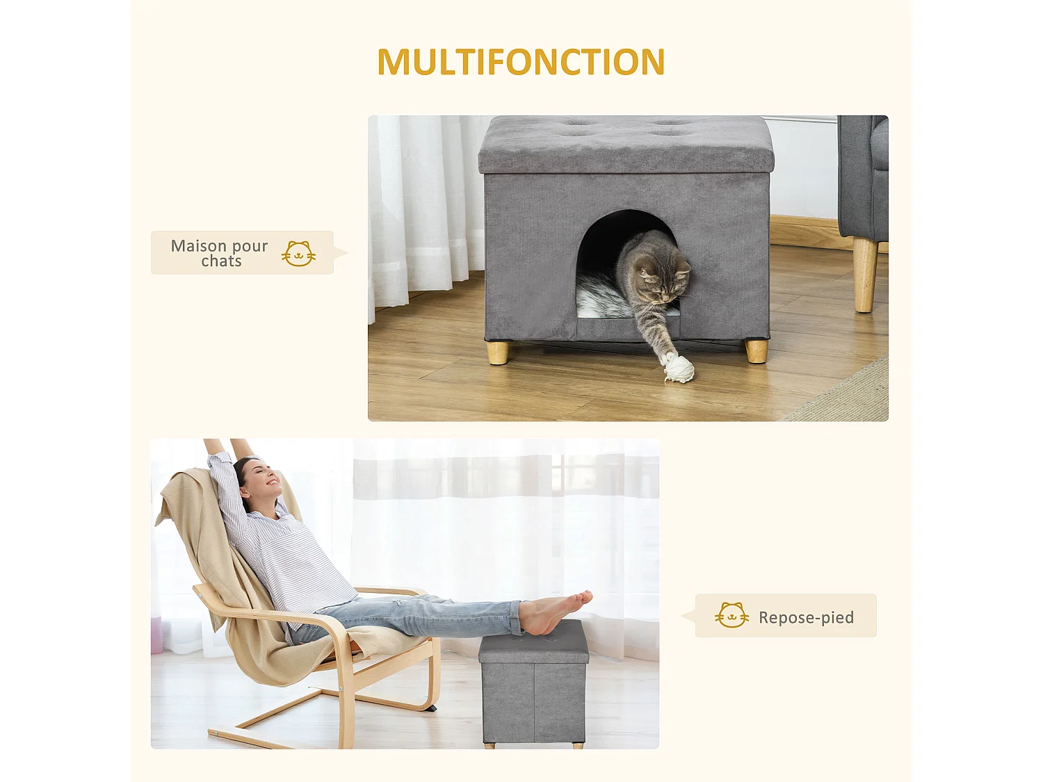 Niche chat maison de chat sur pied repose-pied 2 en 1 - coussin inclus - pliable - MDF peluche suédé gris
