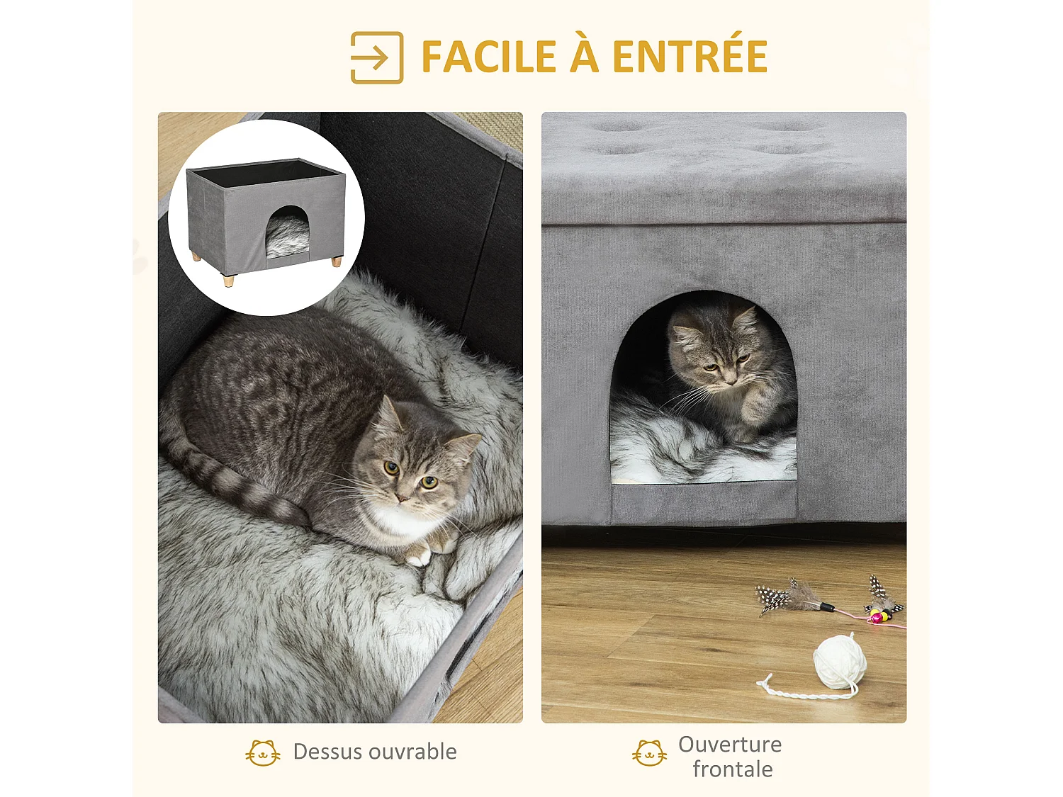 Niche chat maison de chat sur pied repose-pied 2 en 1 - coussin inclus - pliable - MDF peluche suédé gris