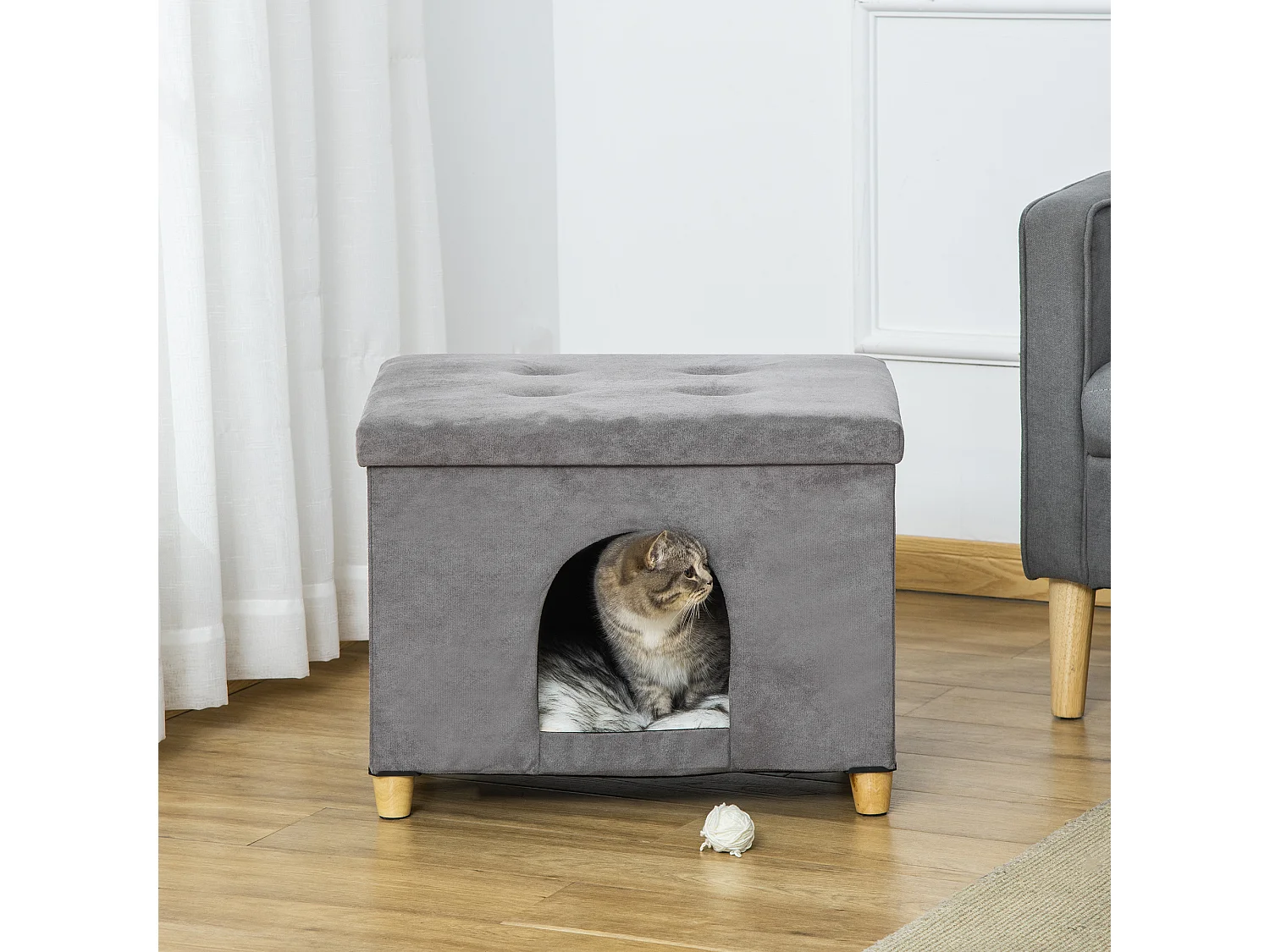 Niche chat maison de chat sur pied repose-pied 2 en 1 - coussin inclus - pliable - MDF peluche suédé gris