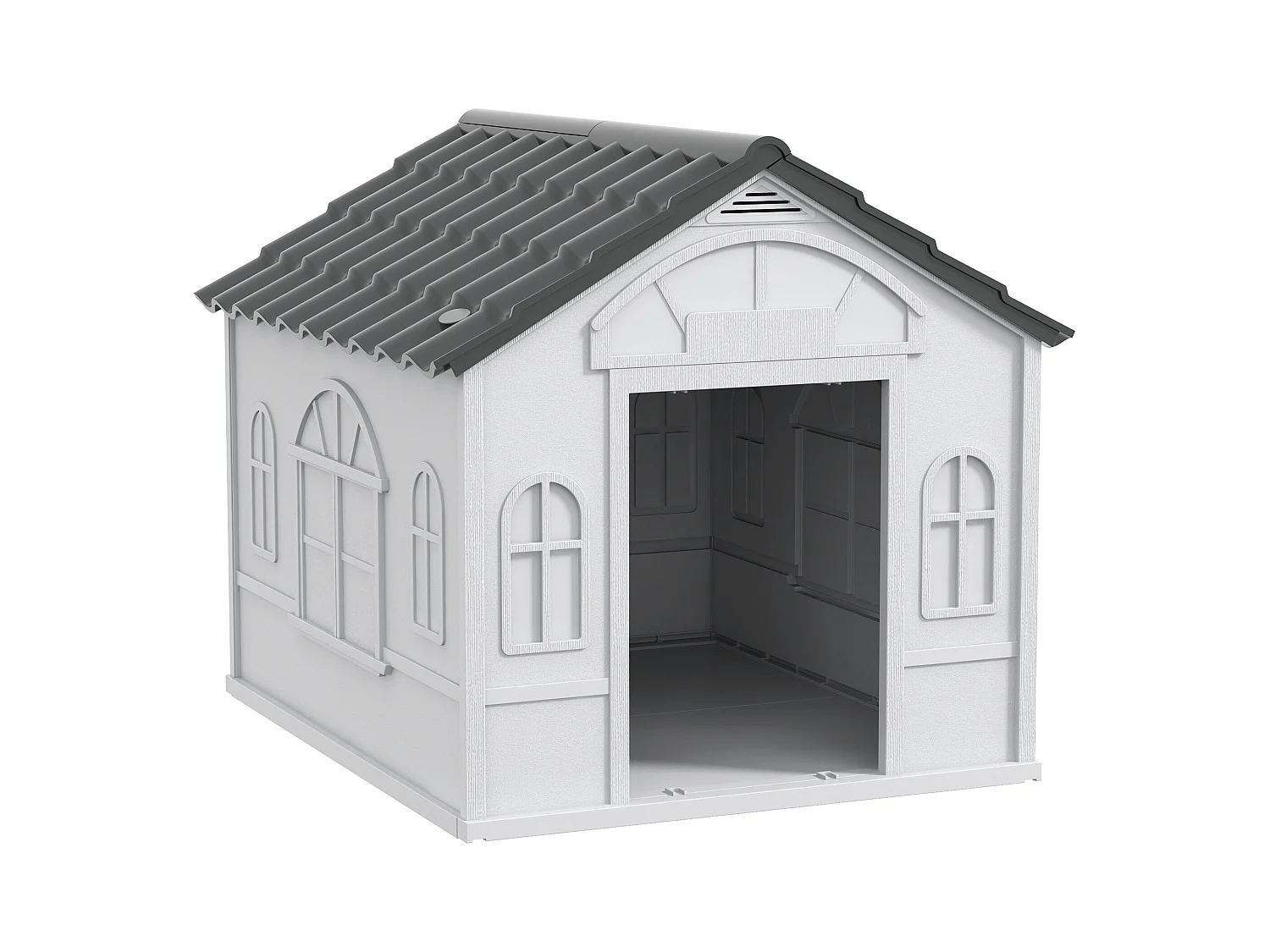 Niche chien style cottage dim. 65L x 75l x 63H cm - motifs fenêtres, porte, aération - PP blanc gris