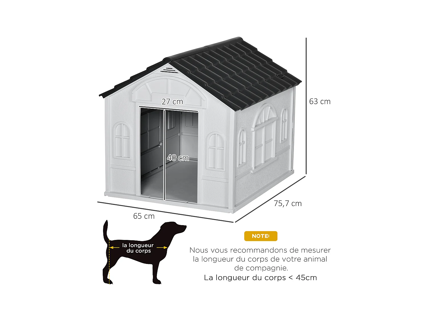 Niche chien style cottage dim. 65L x 75l x 63H cm - motifs fenêtres, porte, aération - PP blanc gris