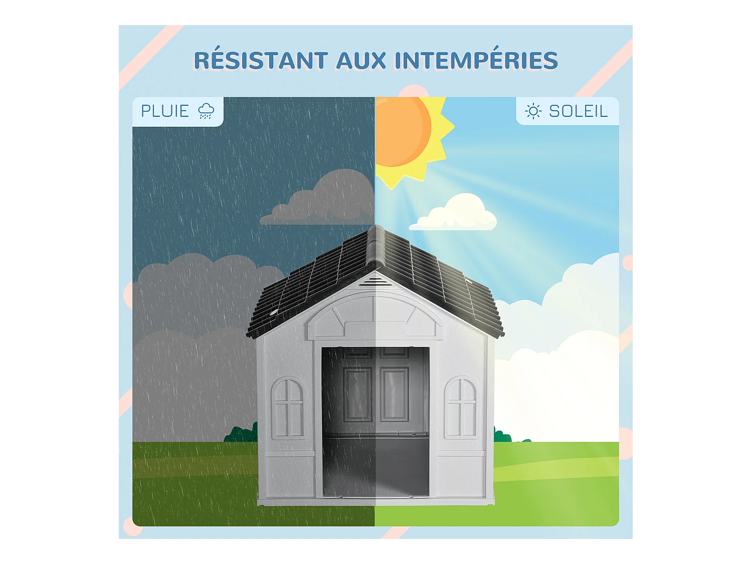 Niche chien style cottage dim. 65L x 75l x 63H cm - motifs fenêtres, porte, aération - PP blanc gris