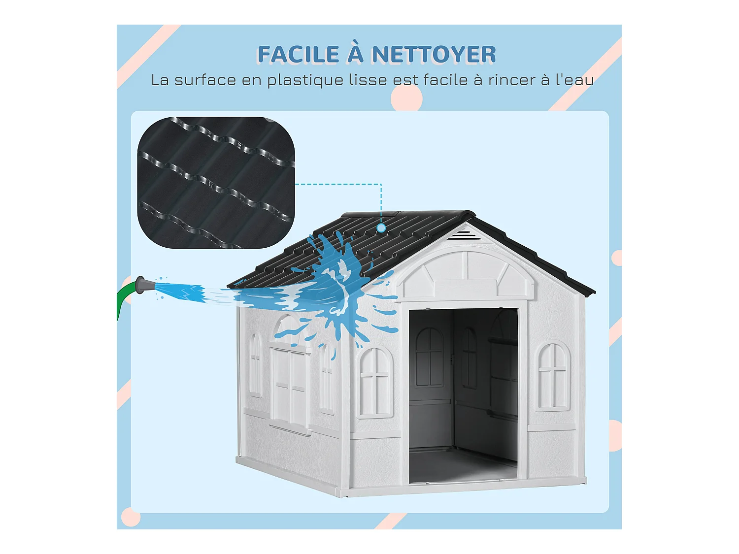 Niche chien style cottage dim. 65L x 75l x 63H cm - motifs fenêtres, porte, aération - PP blanc gris