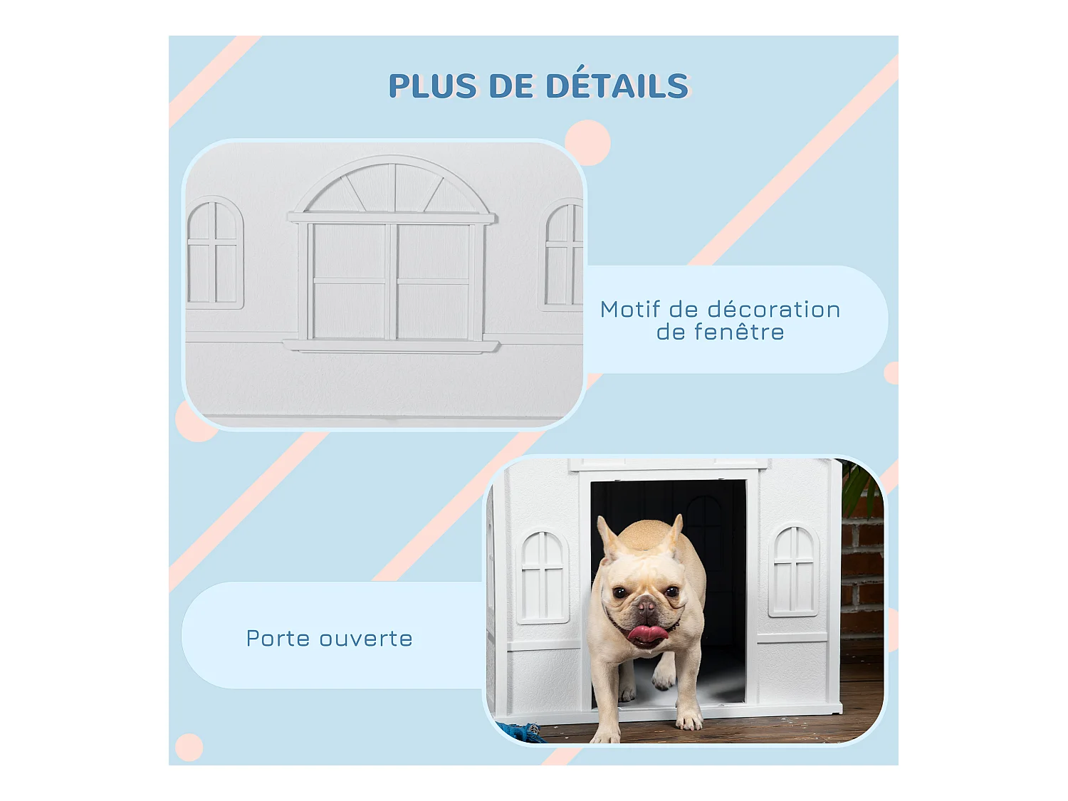 Niche chien style cottage dim. 65L x 75l x 63H cm - motifs fenêtres, porte, aération - PP blanc gris