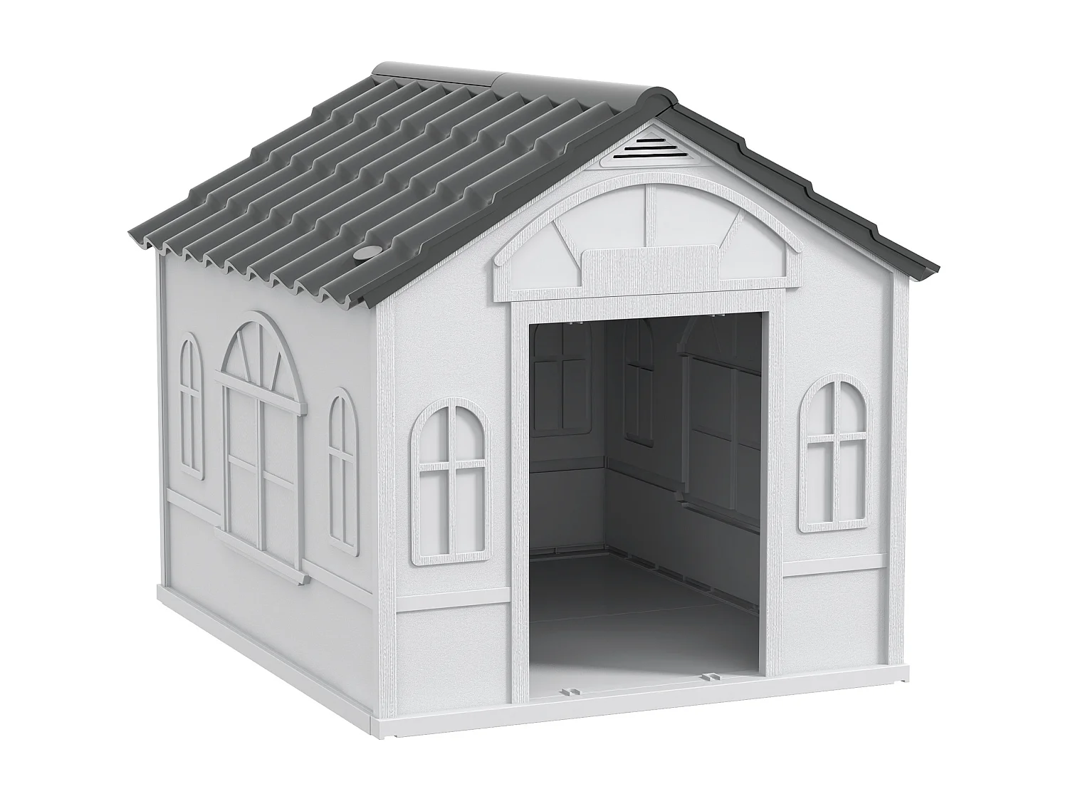 Niche chien style cottage dim. 65L x 75l x 63H cm - motifs fenêtres, porte, aération - PP blanc gris