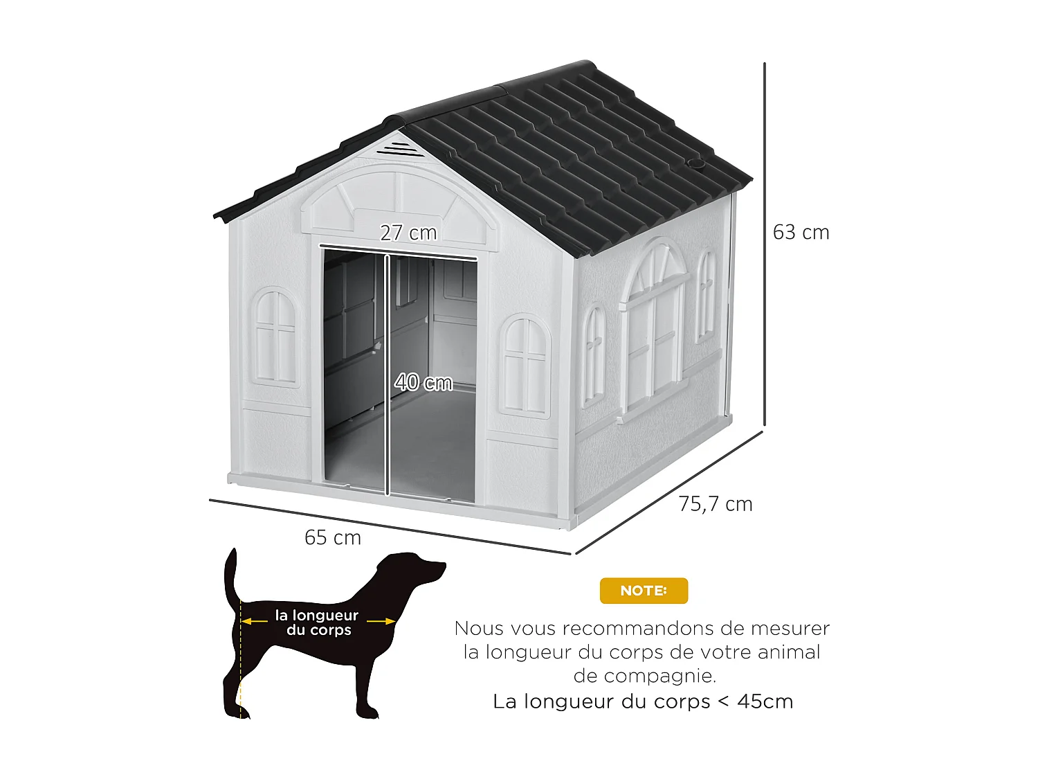 Niche chien style cottage dim. 65L x 75l x 63H cm - motifs fenêtres, porte, aération - PP blanc gris
