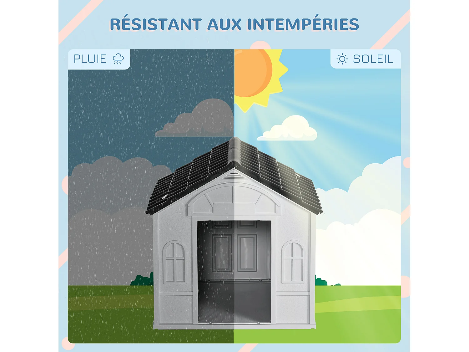 Niche chien style cottage dim. 65L x 75l x 63H cm - motifs fenêtres, porte, aération - PP blanc gris