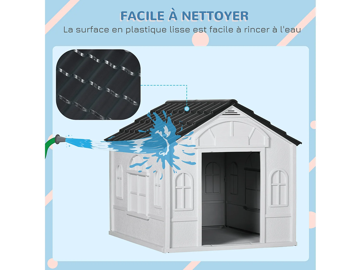 Niche chien style cottage dim. 65L x 75l x 63H cm - motifs fenêtres, porte, aération - PP blanc gris