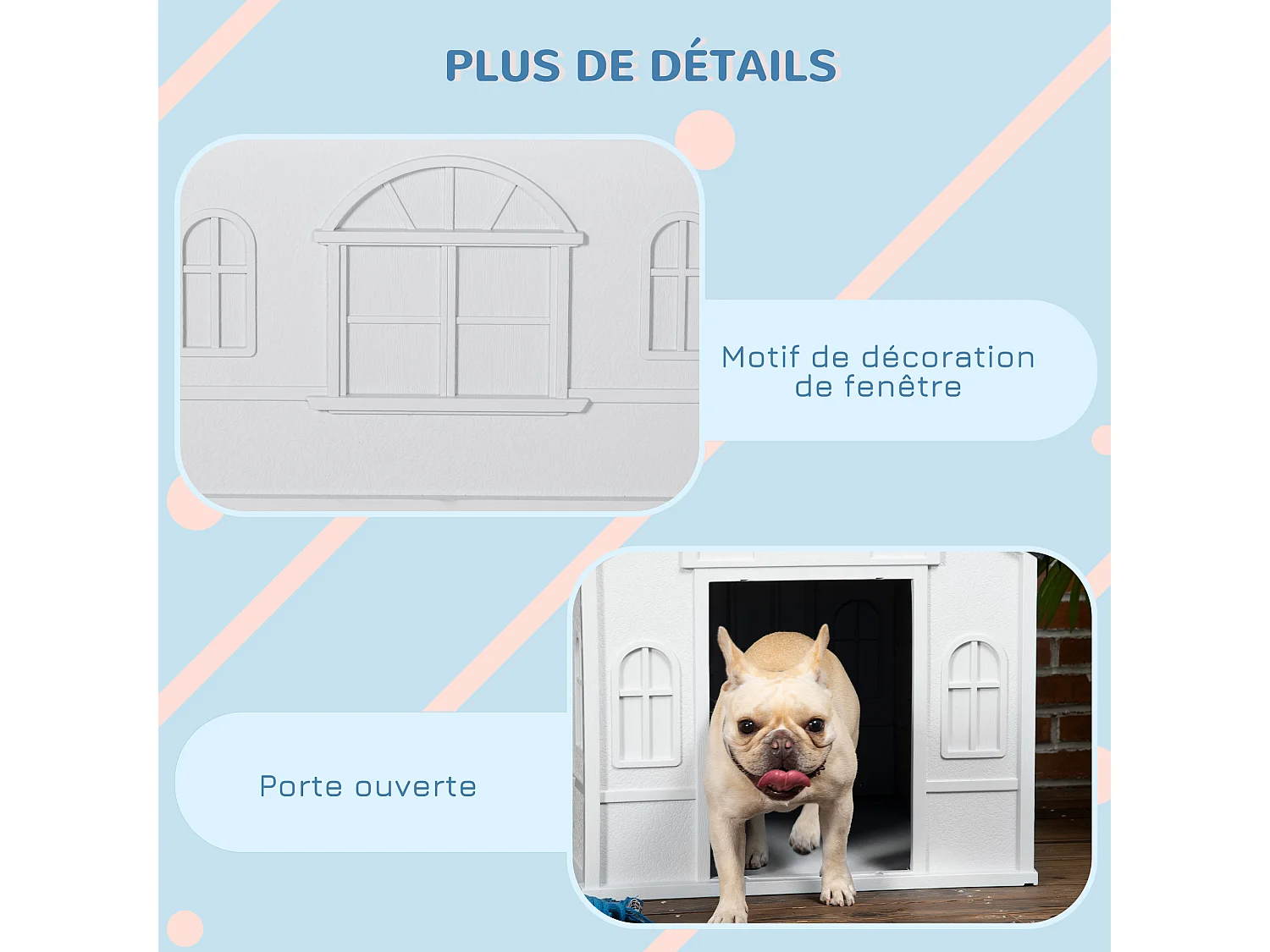Niche chien style cottage dim. 65L x 75l x 63H cm - motifs fenêtres, porte, aération - PP blanc gris