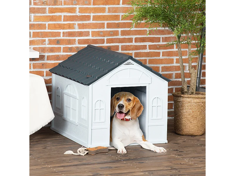 Niche chien style cottage dim. 65L x 75l x 63H cm - motifs fenêtres, porte, aération - PP blanc gris