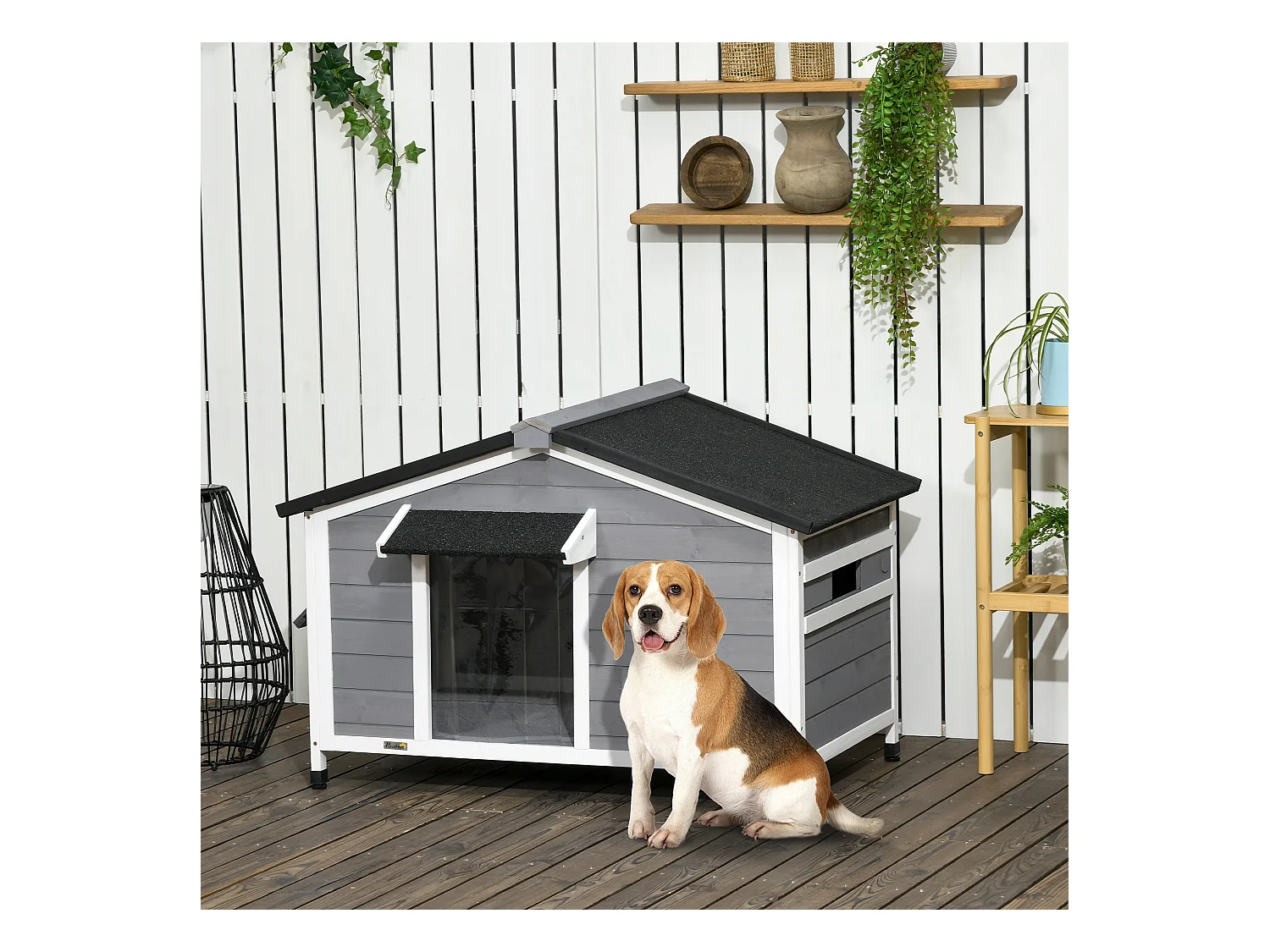 Niche chien style cottage - 2 fenêtres, porte, toit ouvrant bitumé - bois sapin gris