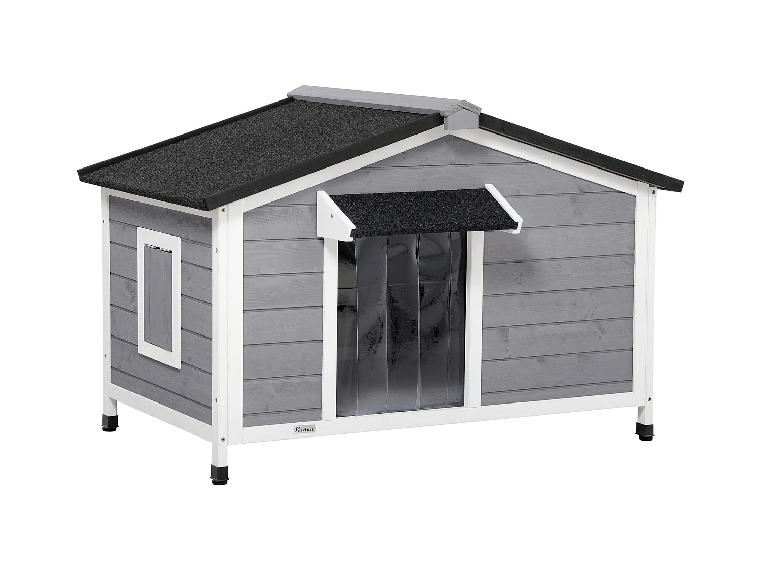 Niche chien style cottage - 2 fenêtres, porte, toit ouvrant bitumé - bois sapin gris