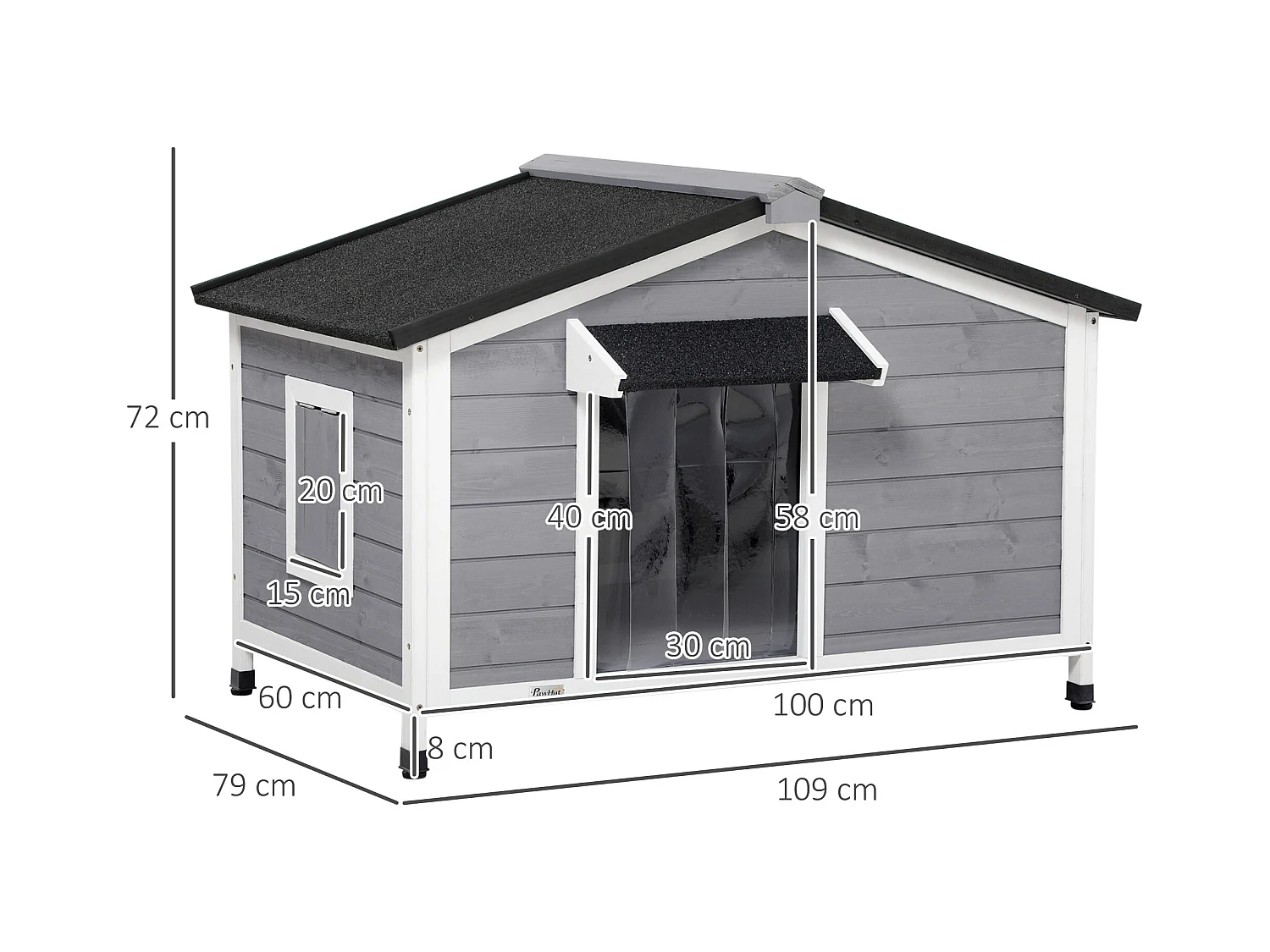 Niche chien style cottage - 2 fenêtres, porte, toit ouvrant bitumé - bois sapin gris