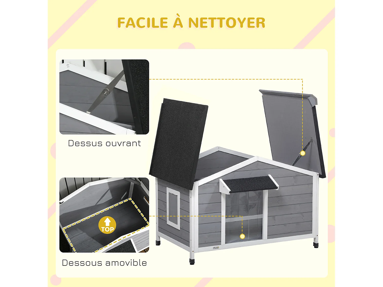 Niche chien style cottage - 2 fenêtres, porte, toit ouvrant bitumé - bois sapin gris