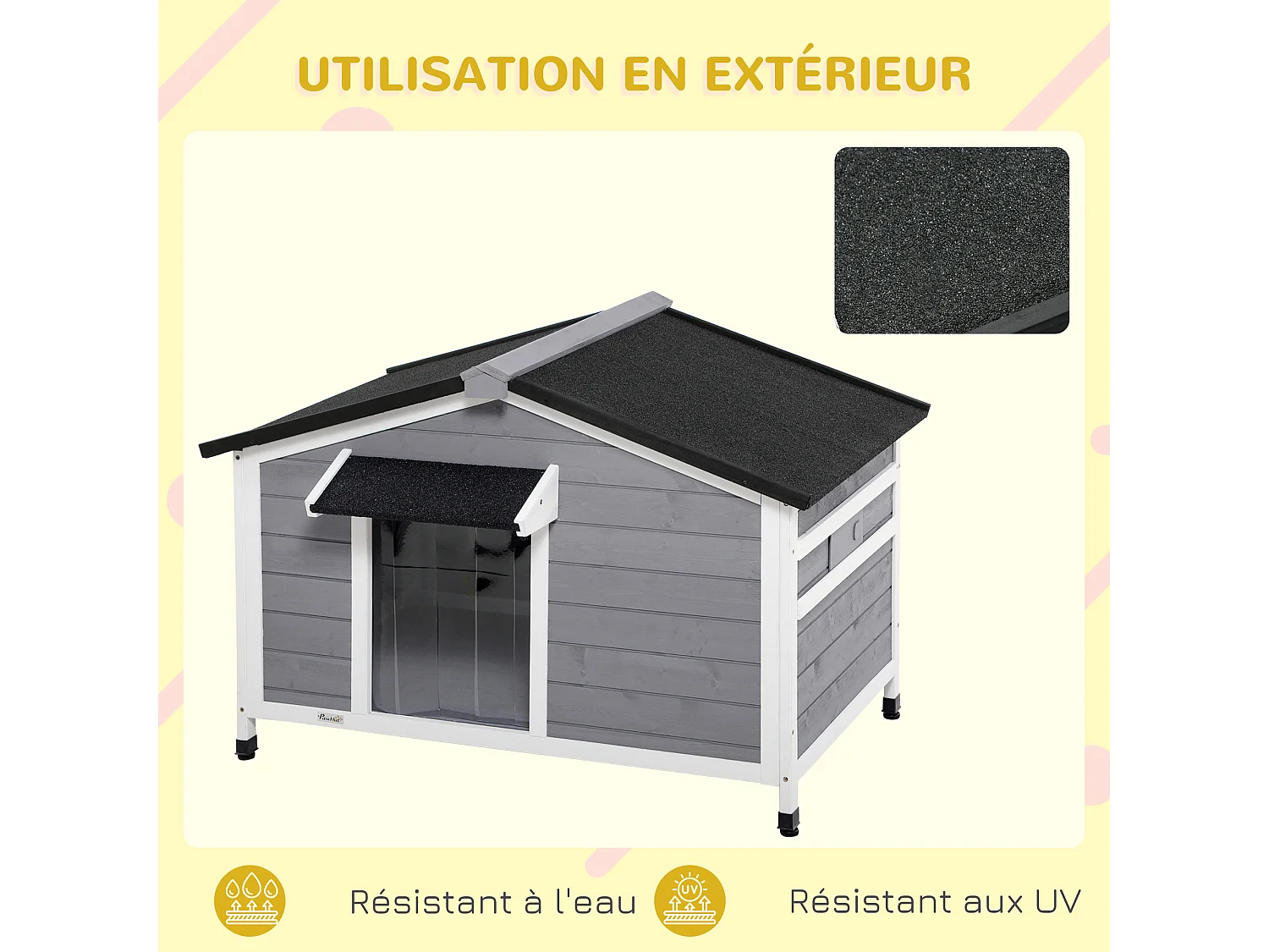 Niche chien style cottage - 2 fenêtres, porte, toit ouvrant bitumé - bois sapin gris