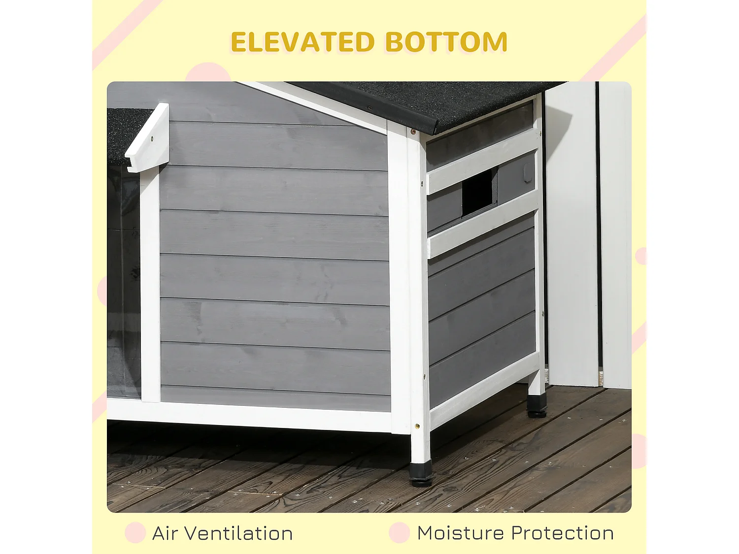 Niche chien style cottage - 2 fenêtres, porte, toit ouvrant bitumé - bois sapin gris