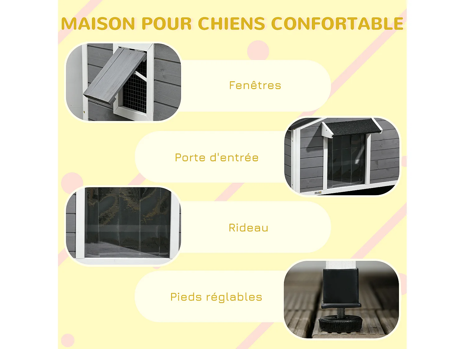 Niche chien style cottage - 2 fenêtres, porte, toit ouvrant bitumé - bois sapin gris